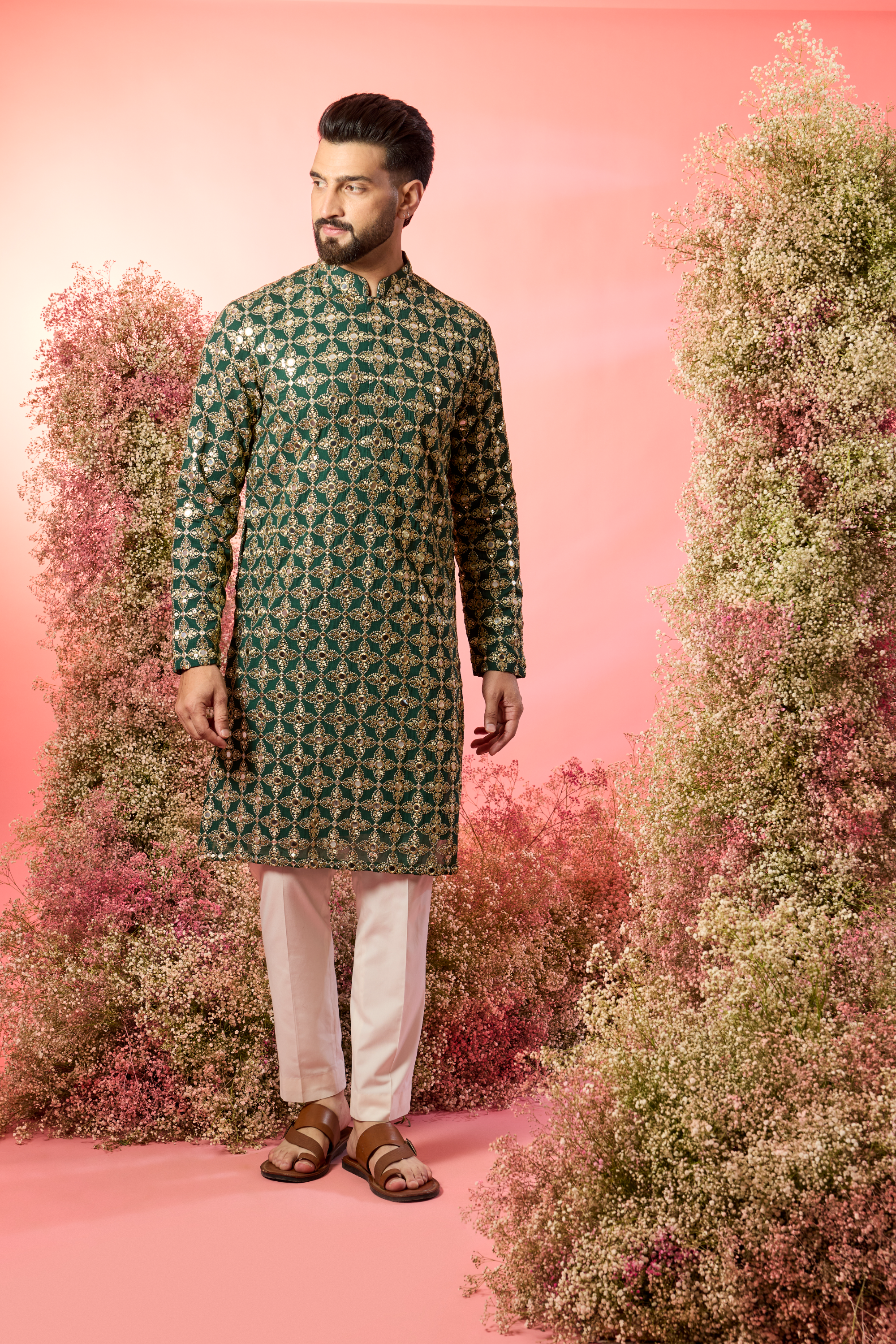 signnature bottle green mirror work kurta with intricate zari work