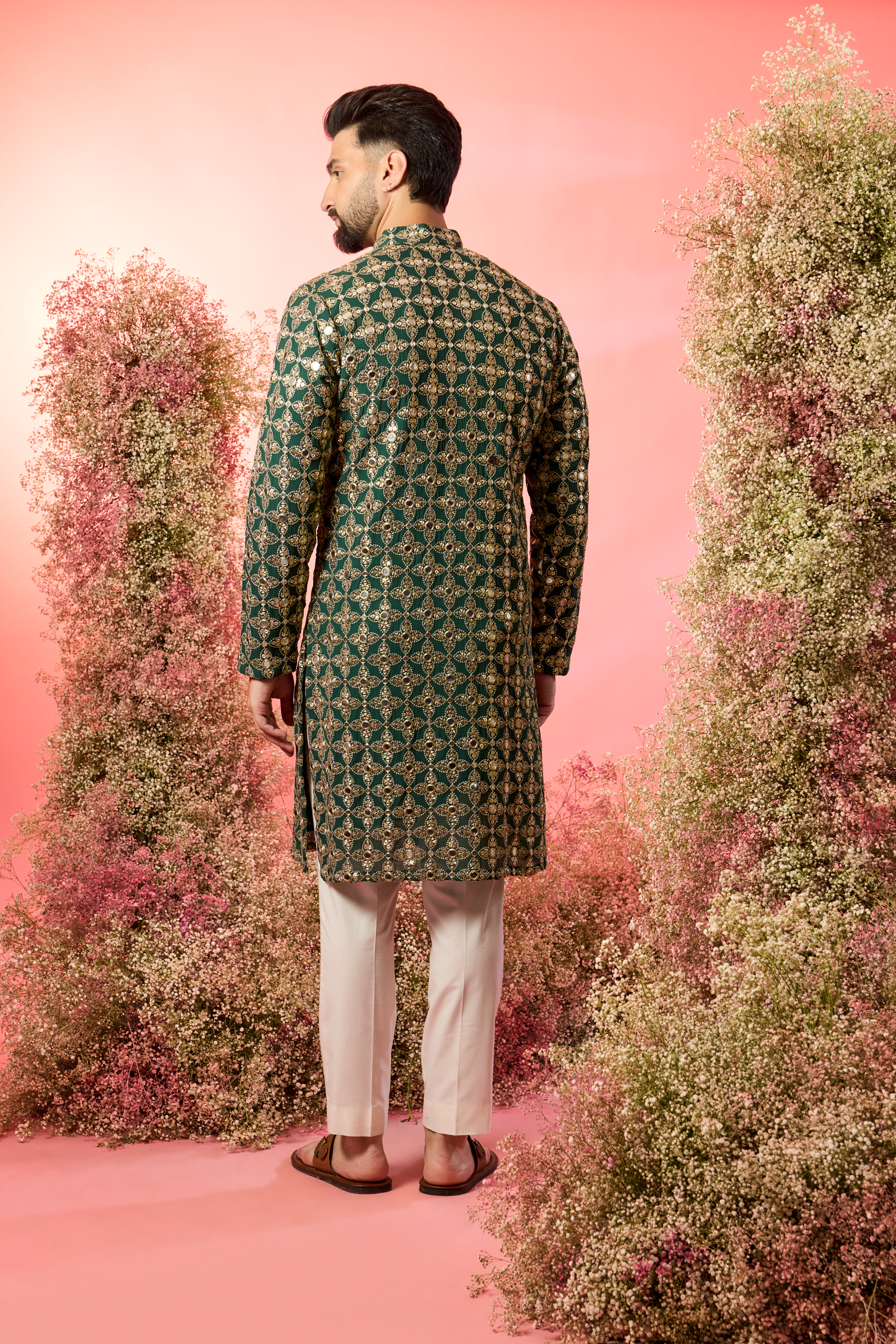 signnature bottle green mirror work kurta with intricate zari work