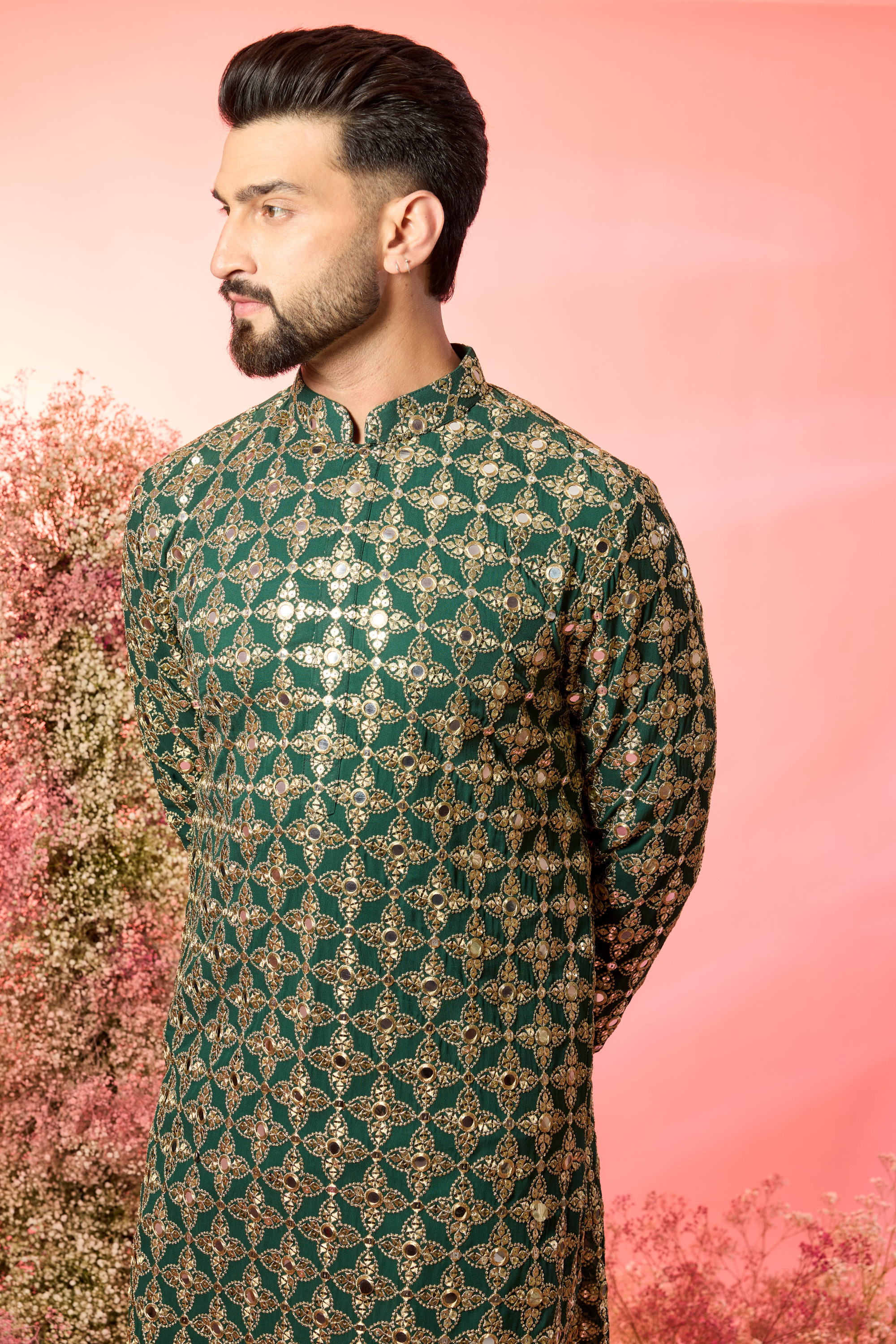 signnature bottle green mirror work kurta with intricate zari work