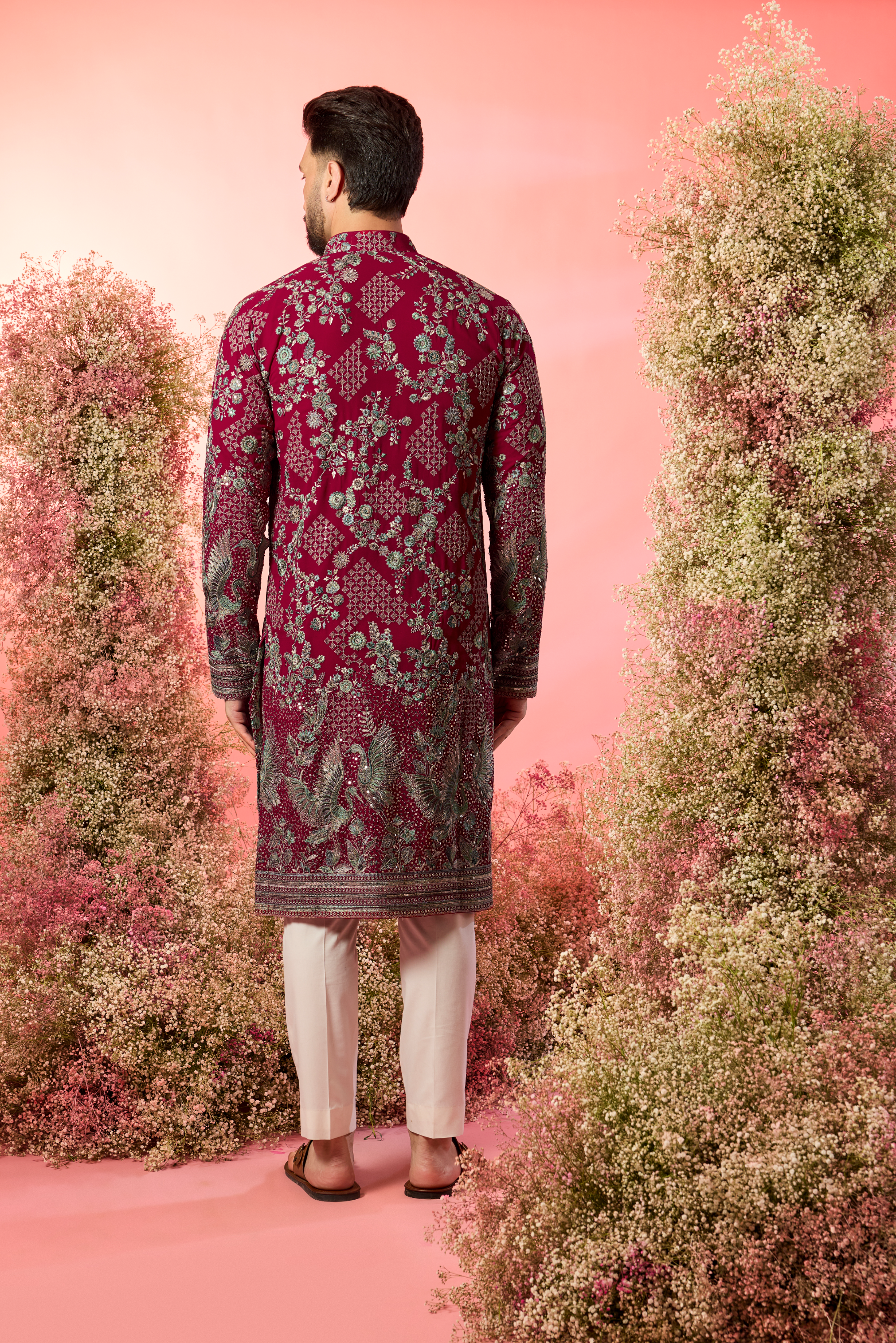 Hot pink chikankari kurta with intricate flora and fauna embroidery