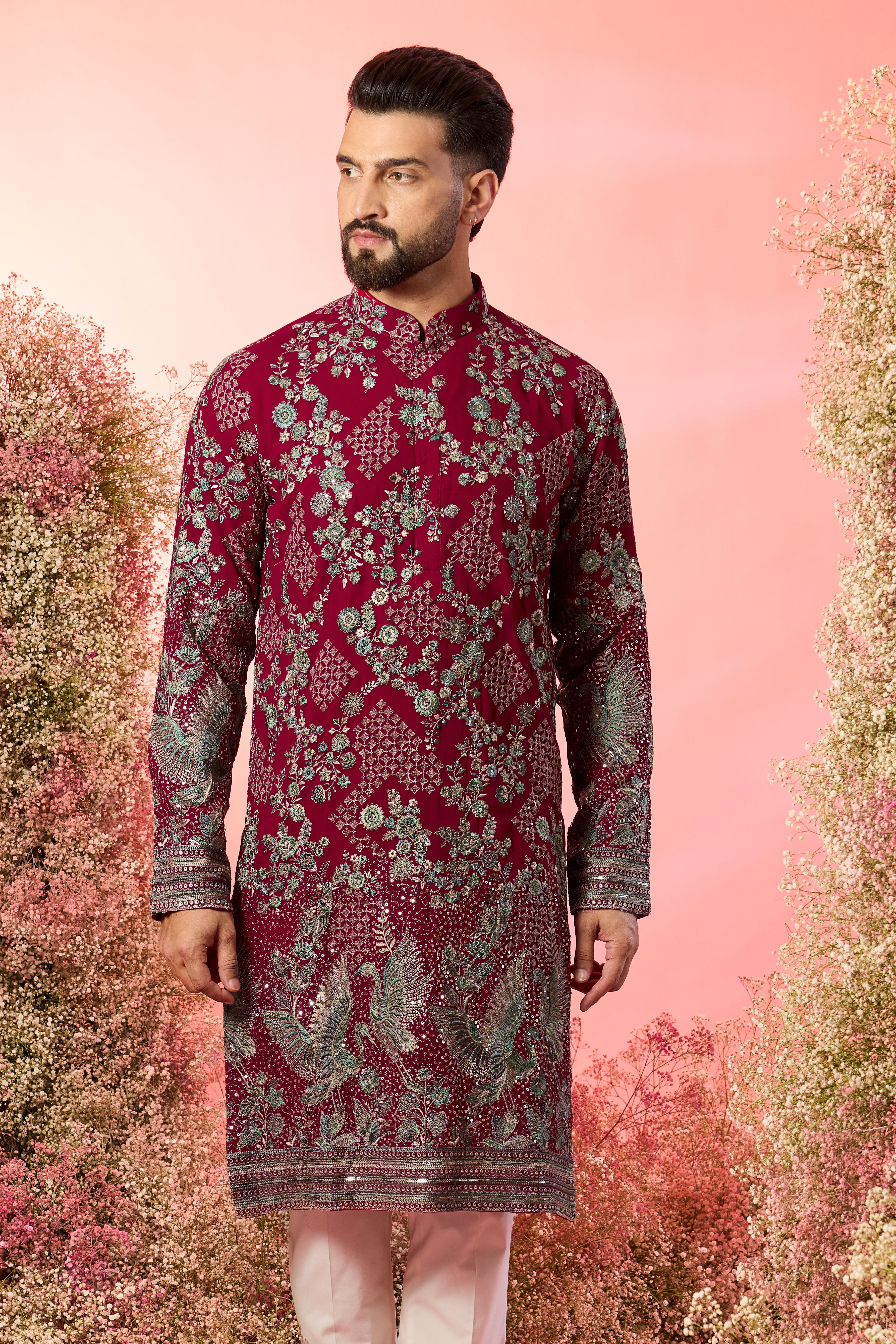 Hot pink chikankari kurta with intricate flora and fauna embroidery