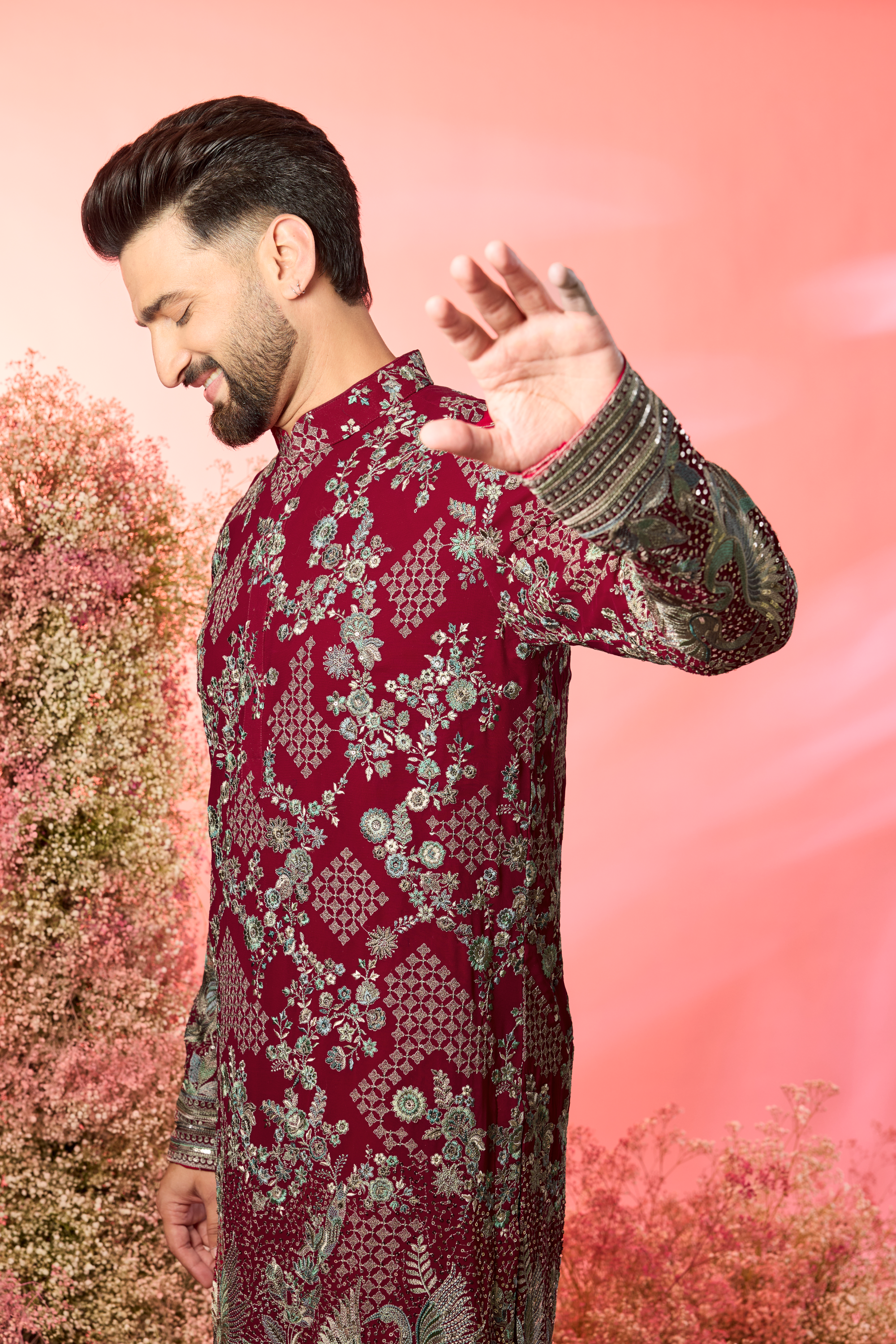Hot pink chikankari kurta with intricate flora and fauna embroidery