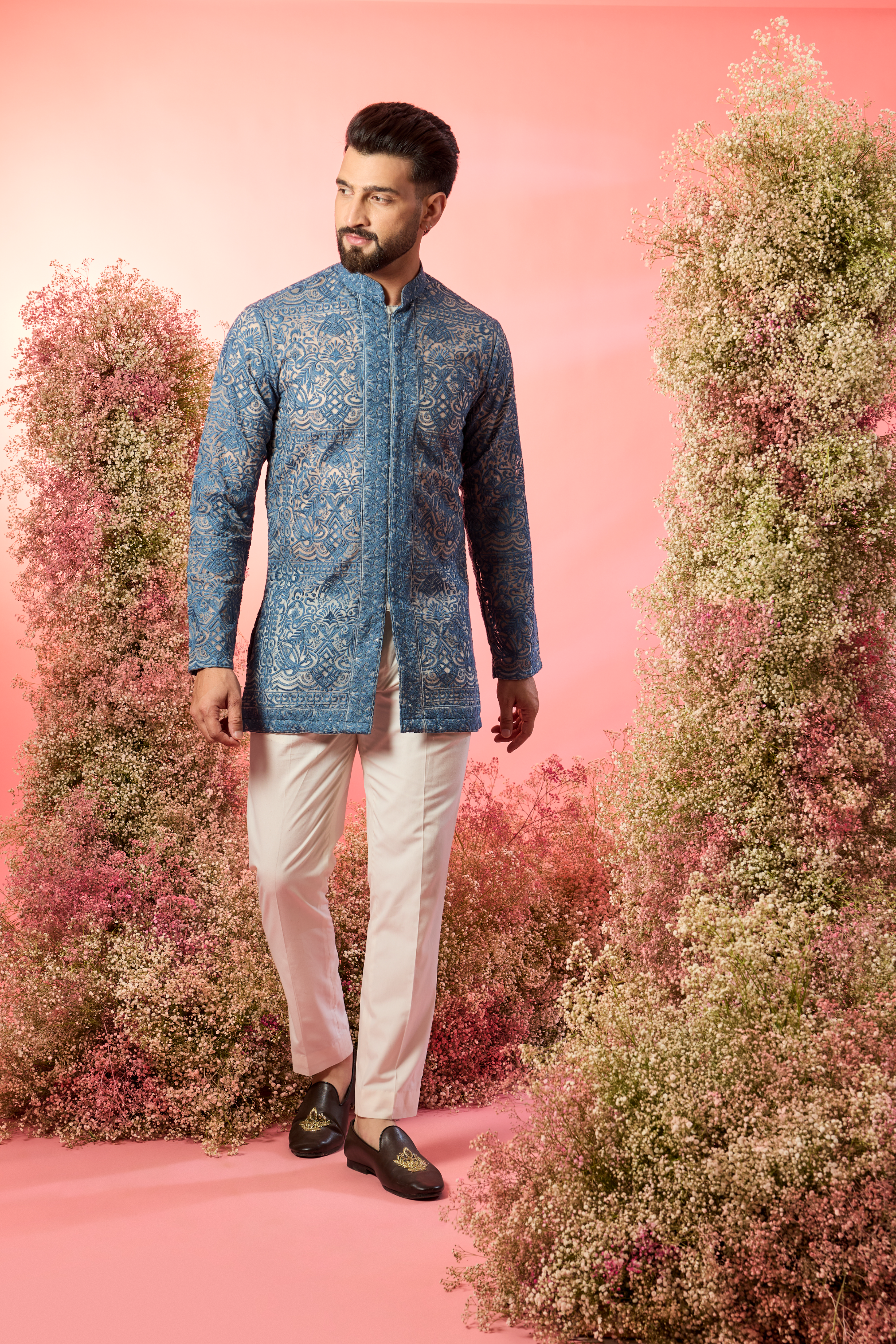 blue open front short chikankari see through kurta