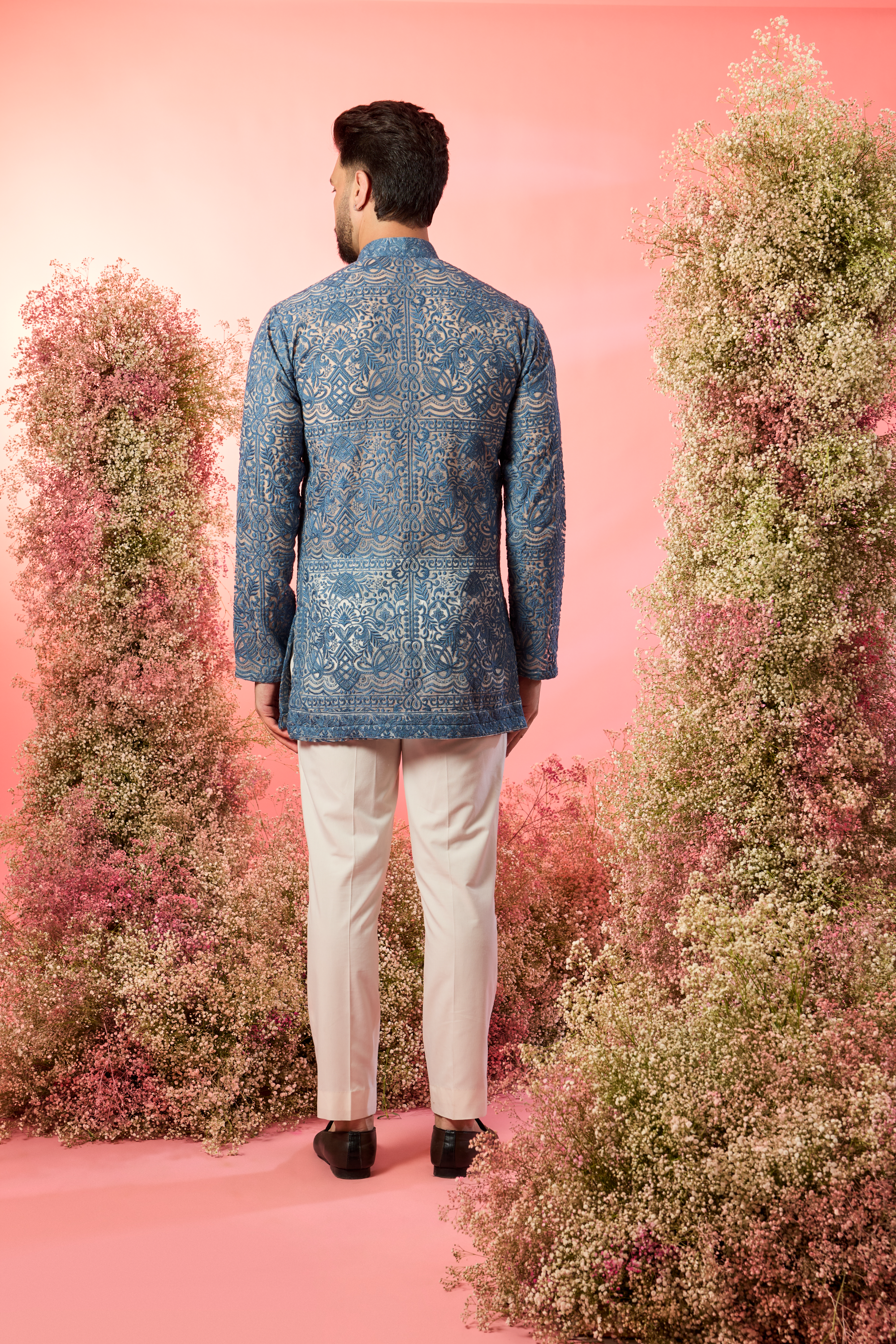 blue open front short chikankari see through kurta