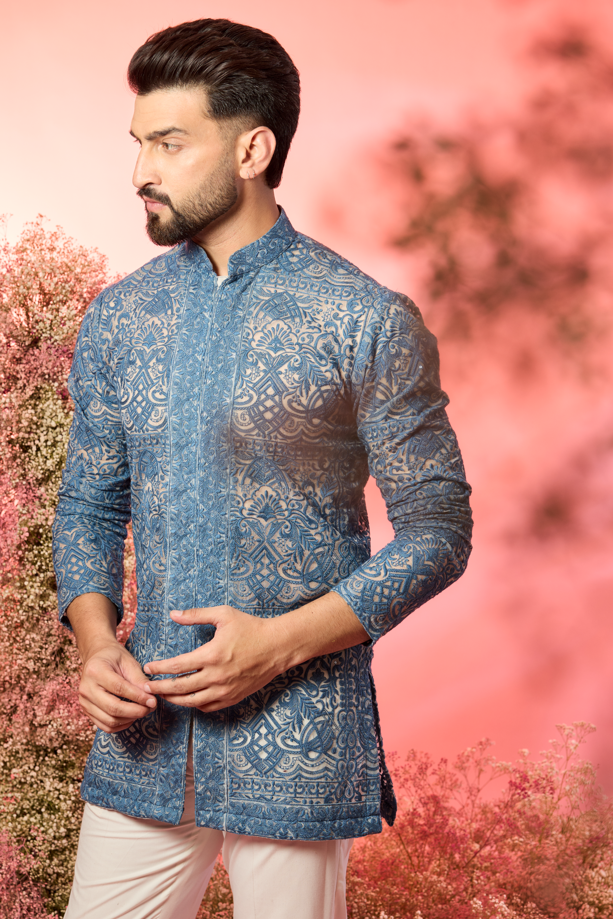 blue open front short chikankari see through kurta