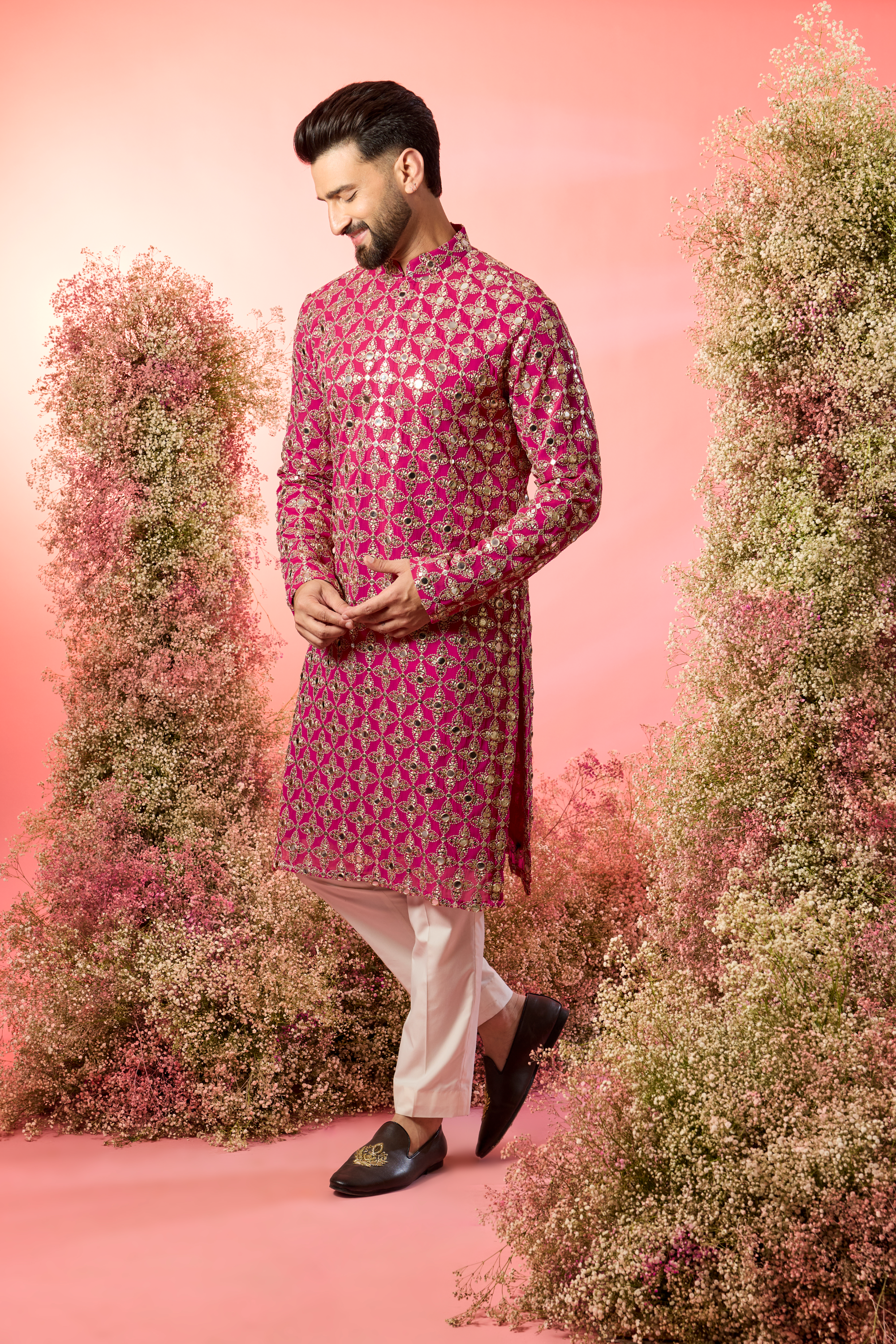 signature hot pink mirror work kurta with heavu zari work