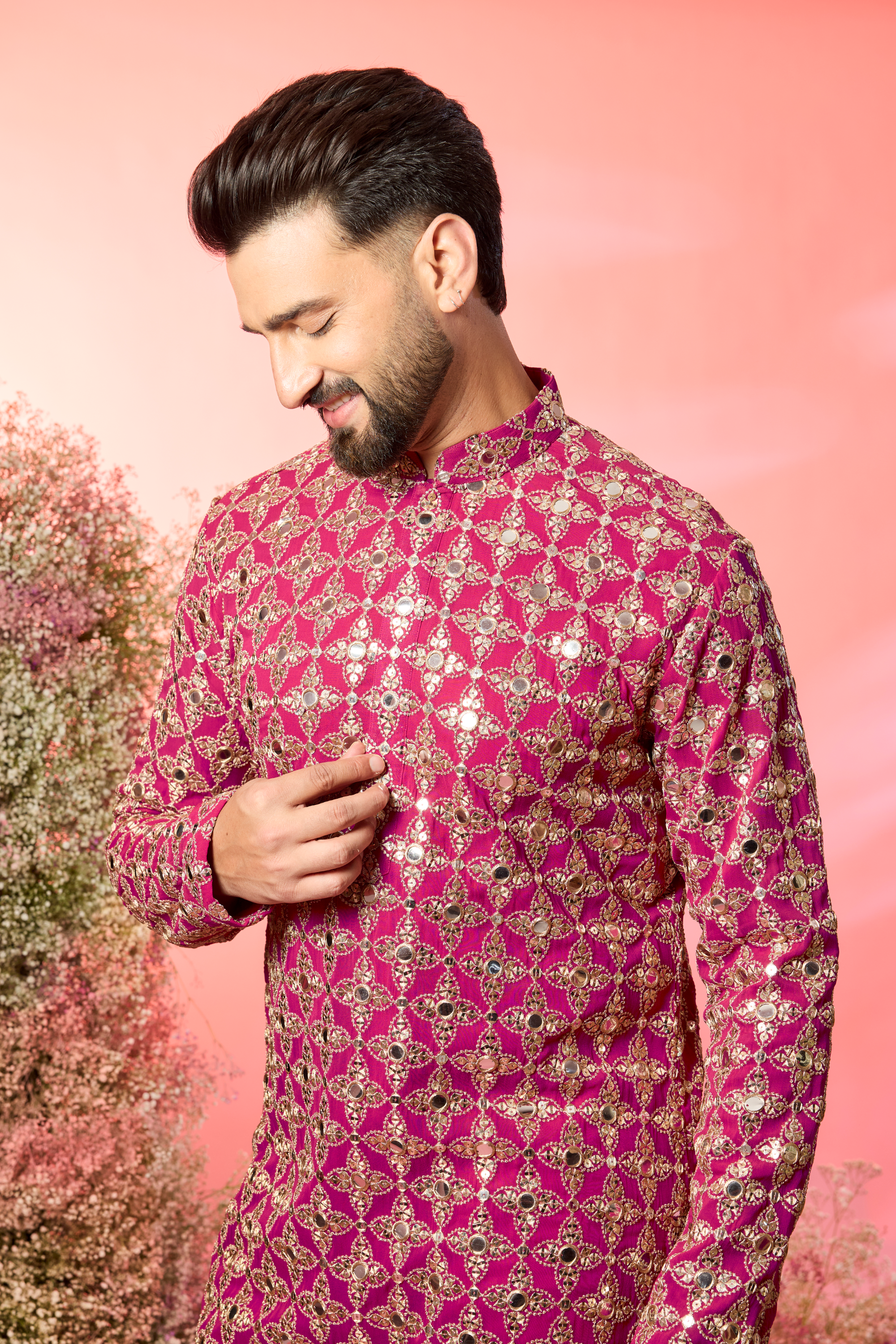signature hot pink mirror work kurta with heavu zari work
