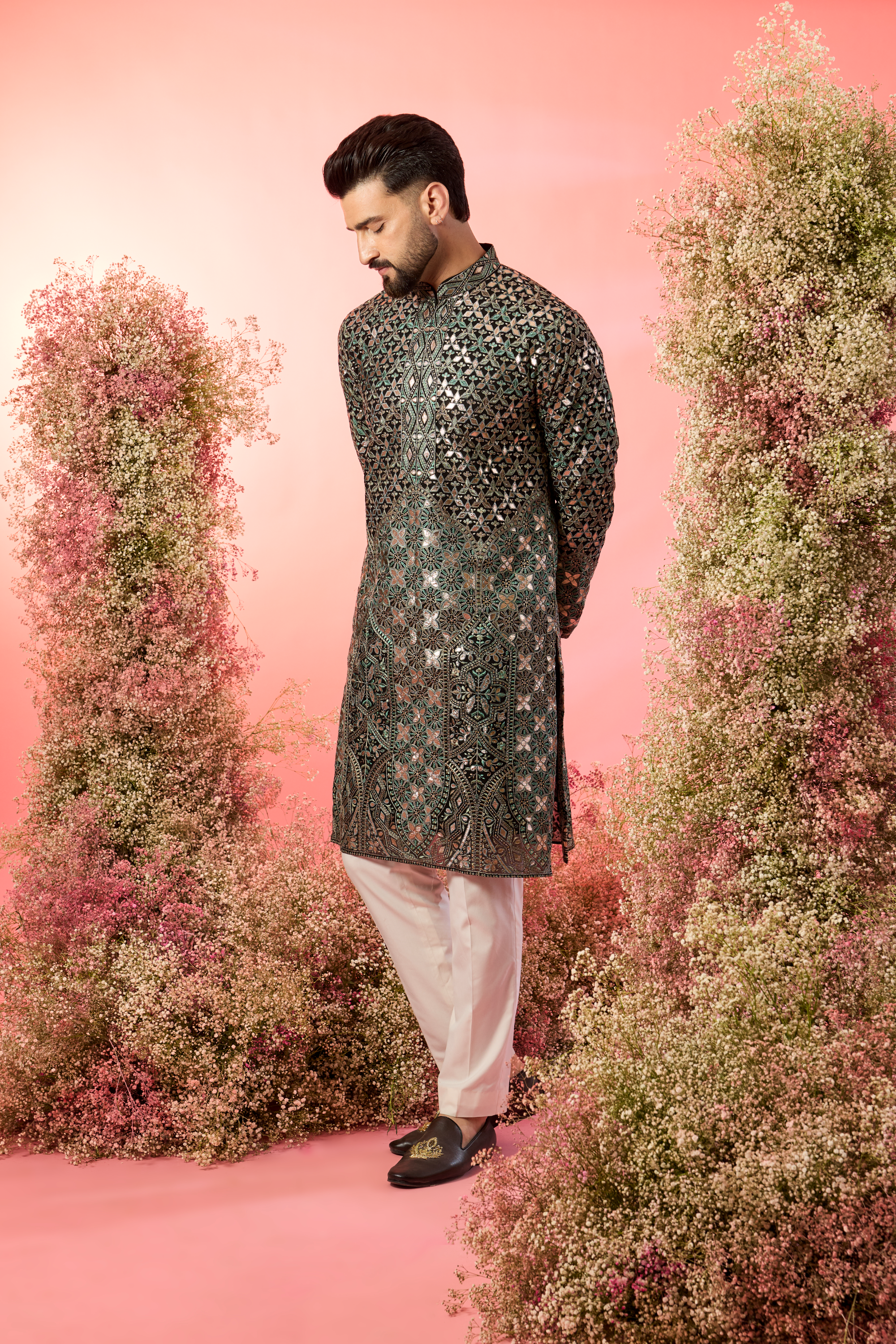 Black Abstract Kurta: Green Threadwork & Golden Leather Accents