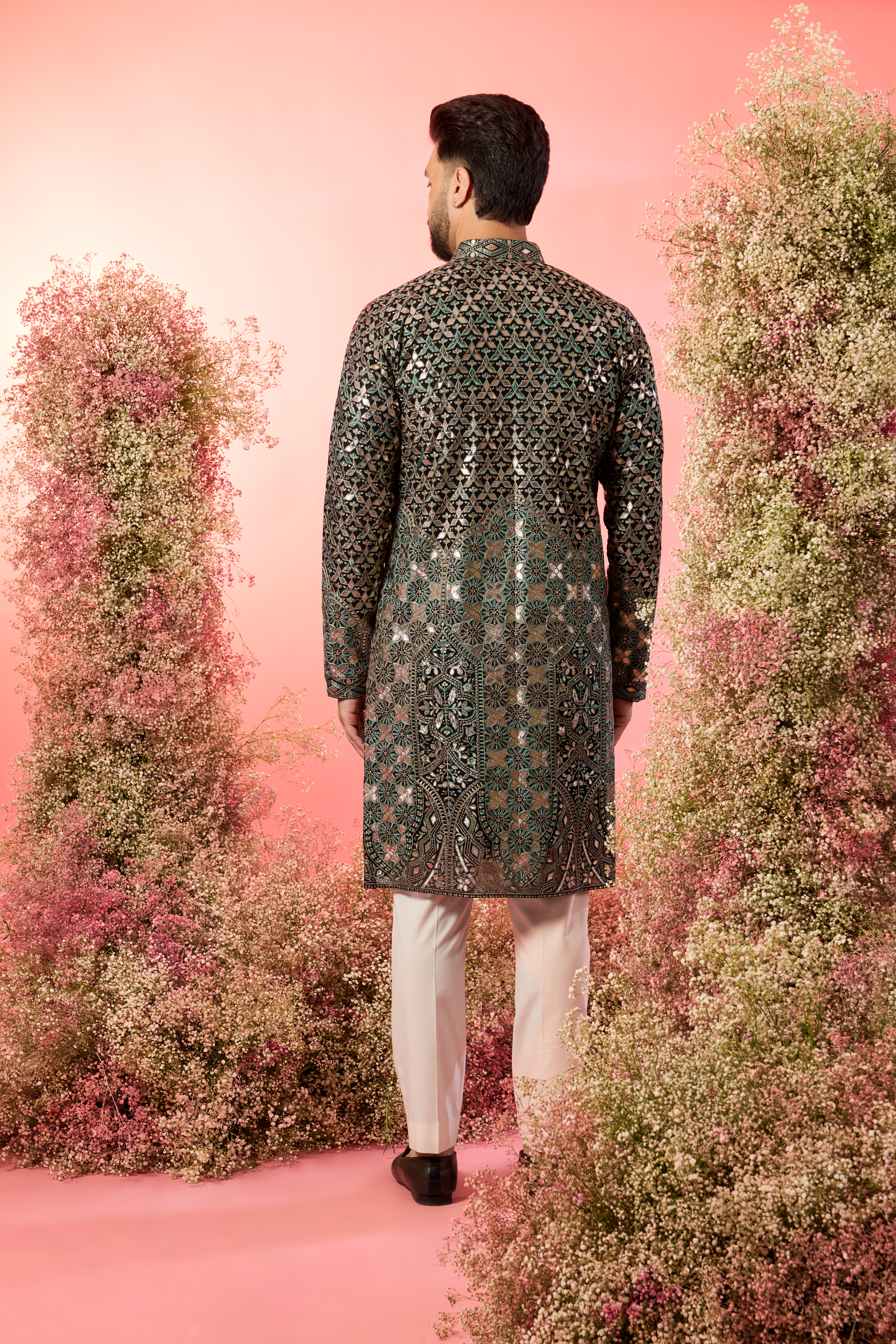 Black Abstract Kurta: Green Threadwork & Golden Leather Accents