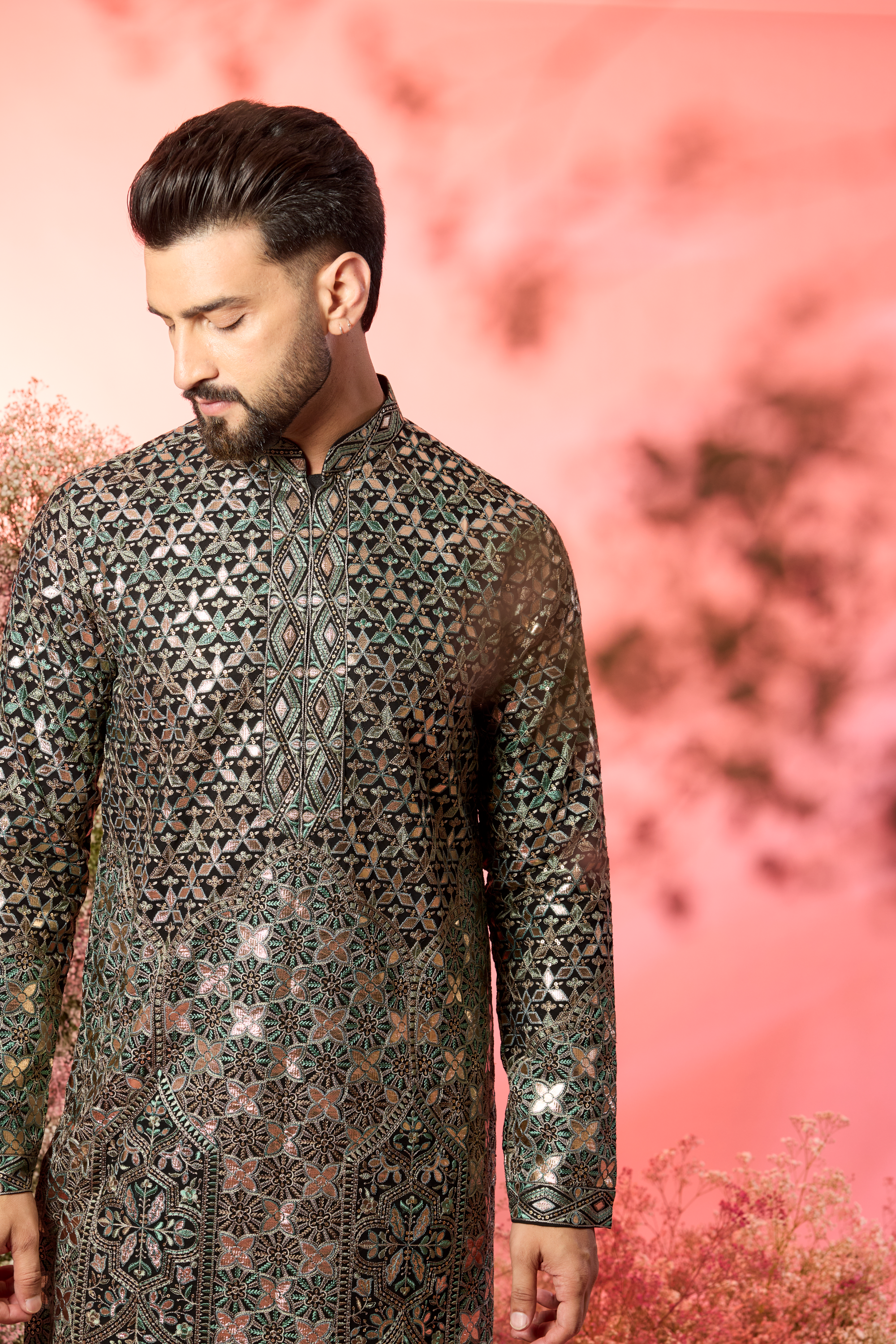 Black Abstract Kurta: Green Threadwork & Golden Leather Accents