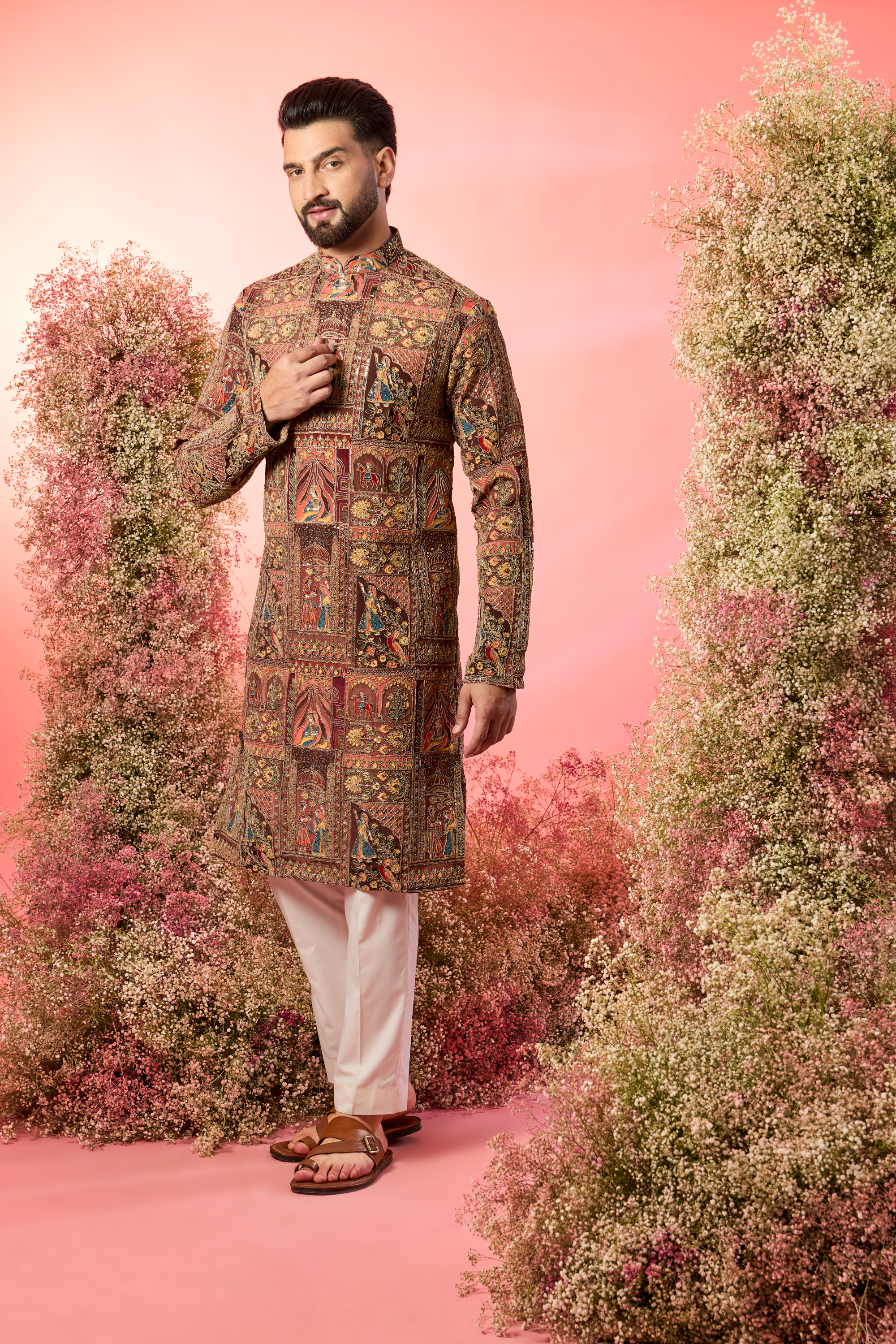 mauve taupe royal mughar kurta with traditional mughhal figures