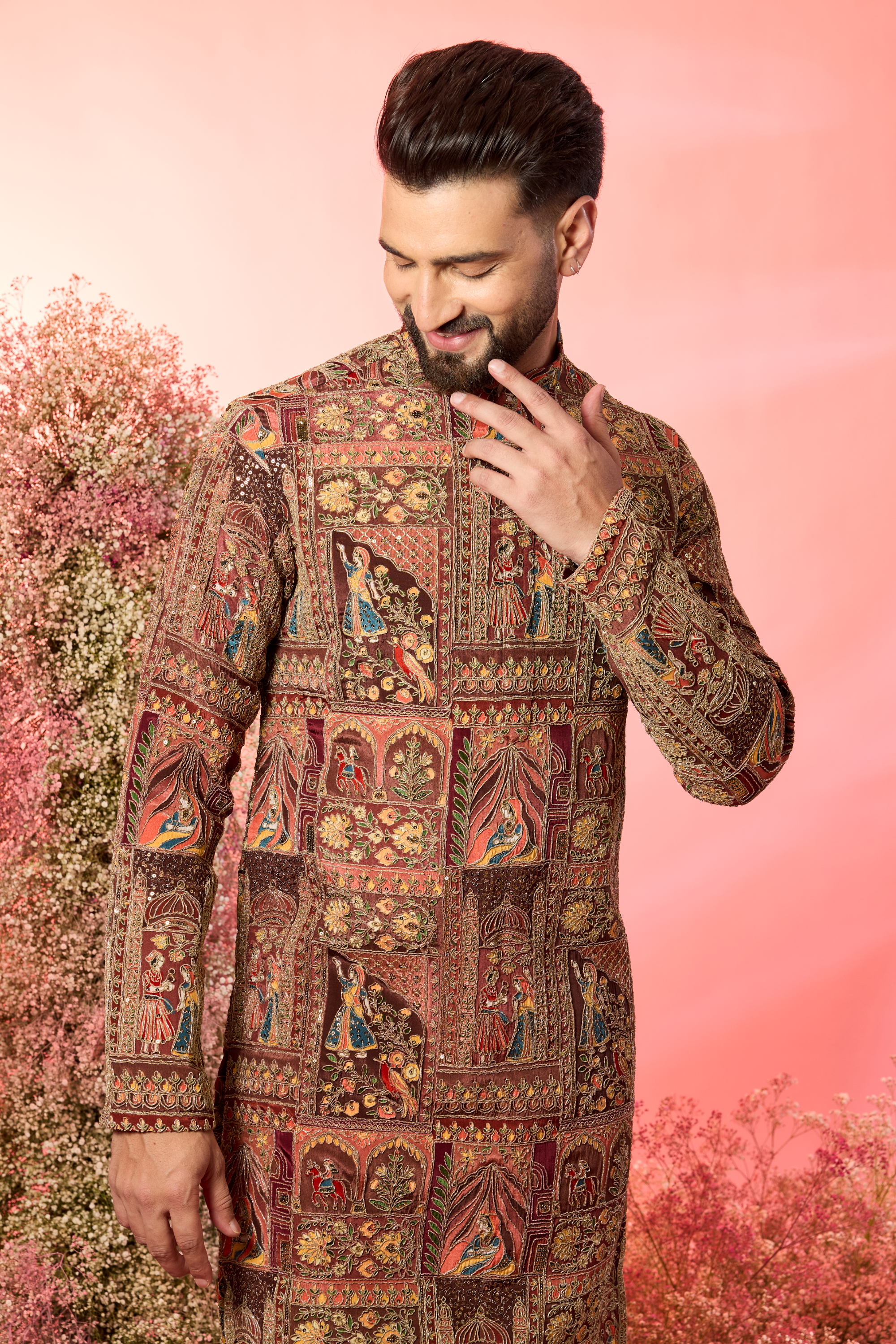 mauve taupe royal mughar kurta with traditional mughhal figures