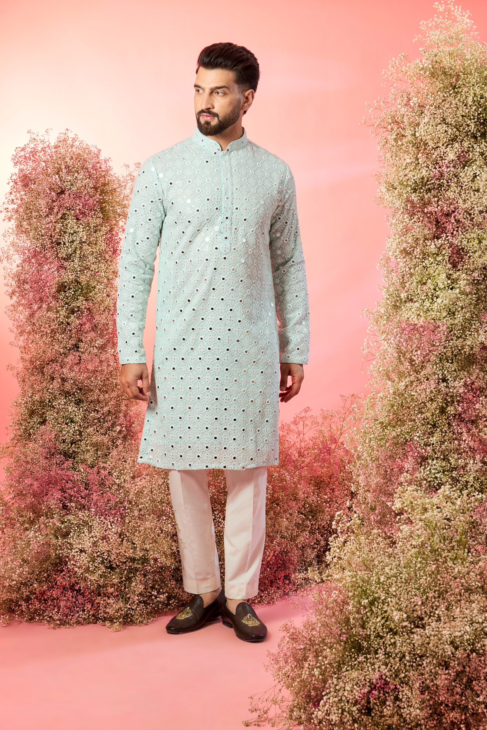 classic powder blue mirror work kurta