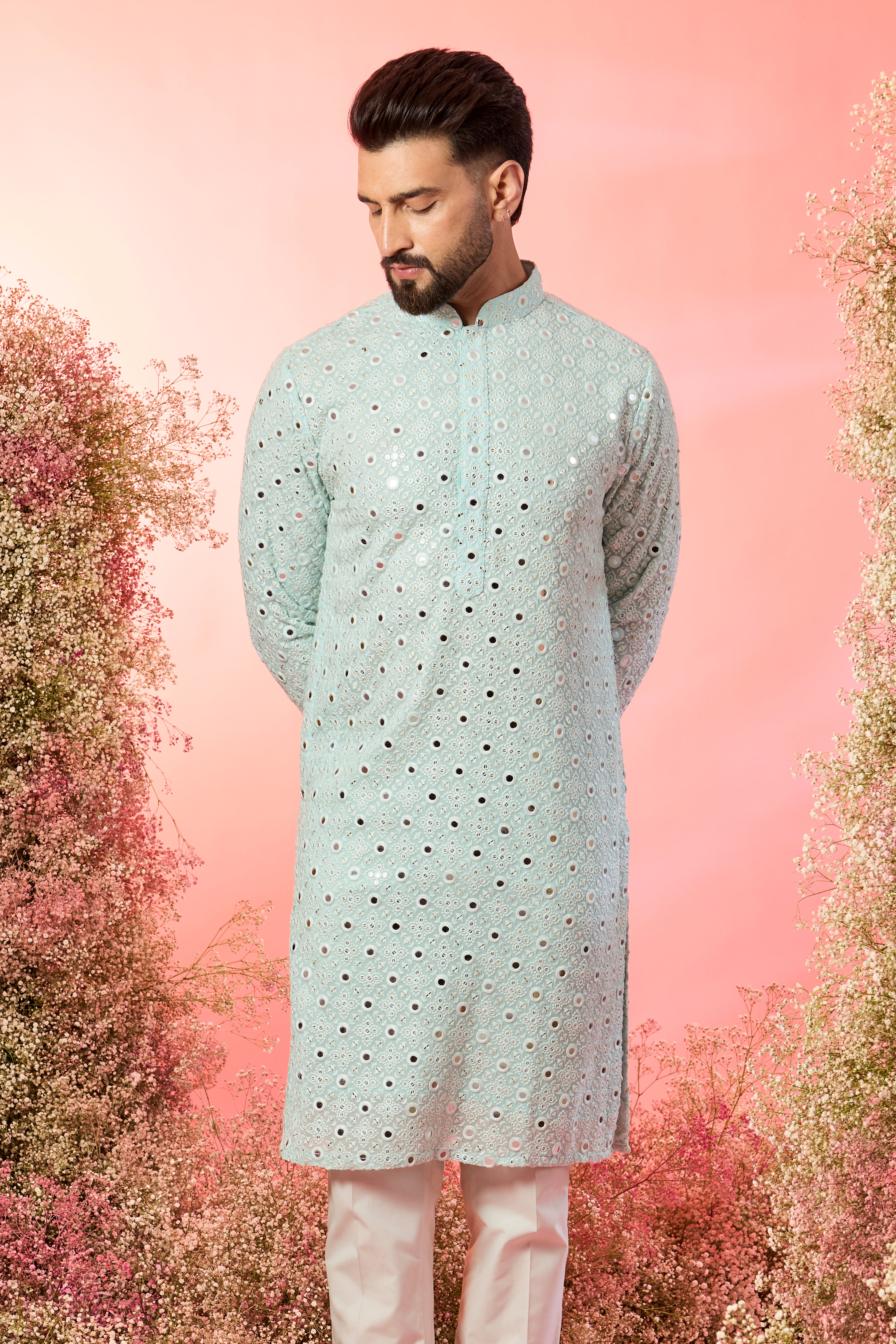 classic powder blue mirror work kurta