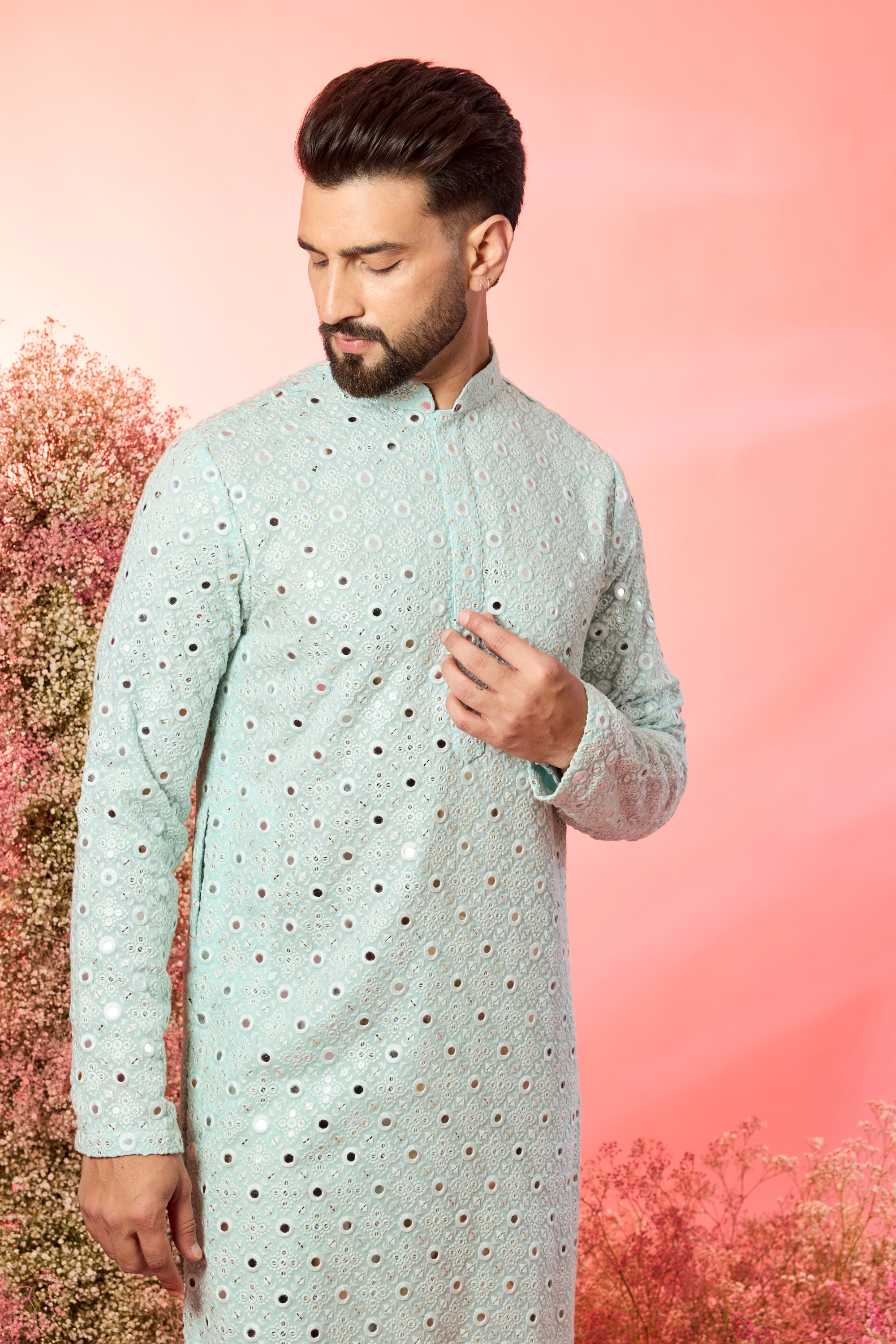 classic powder blue mirror work kurta
