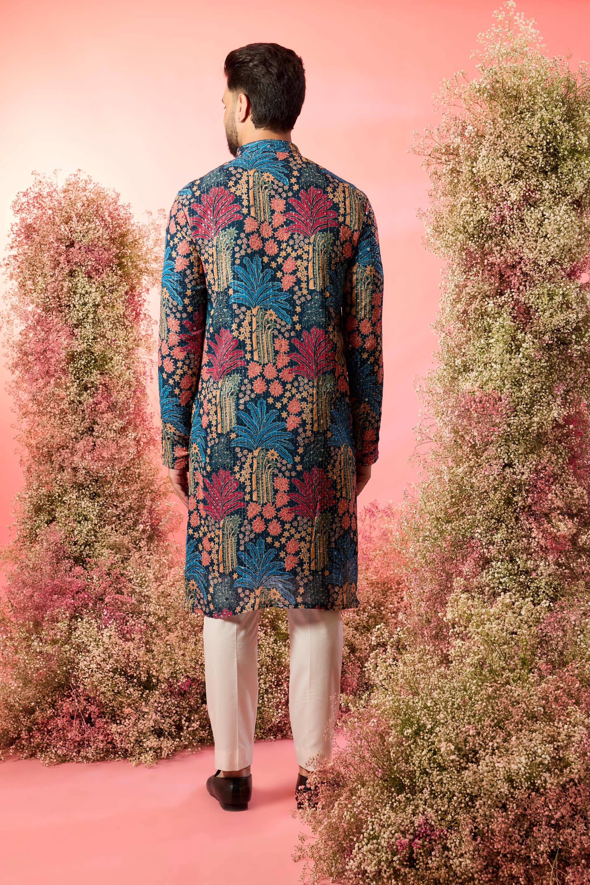 midnight black floral printed kurta with delicate sequin work
