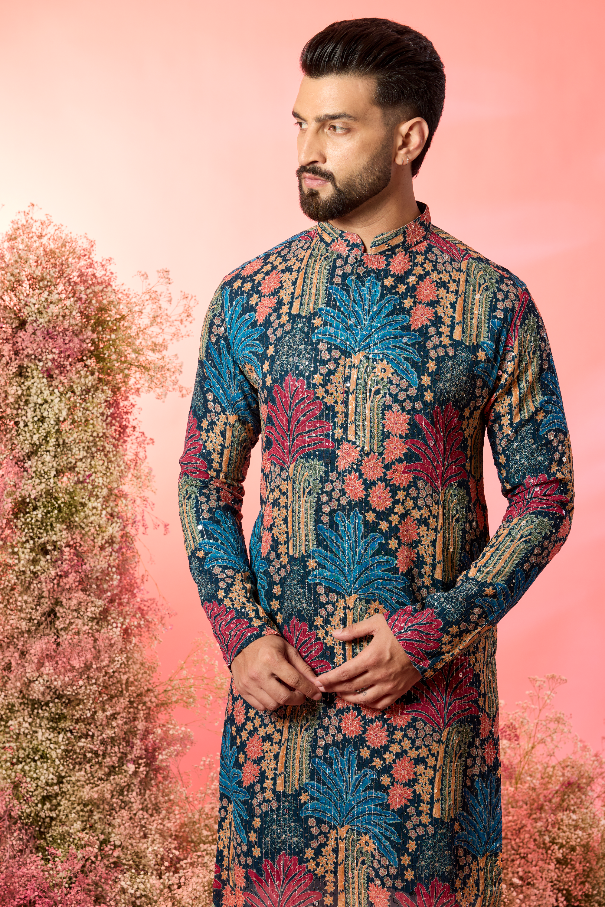 midnight black floral printed kurta with delicate sequin work