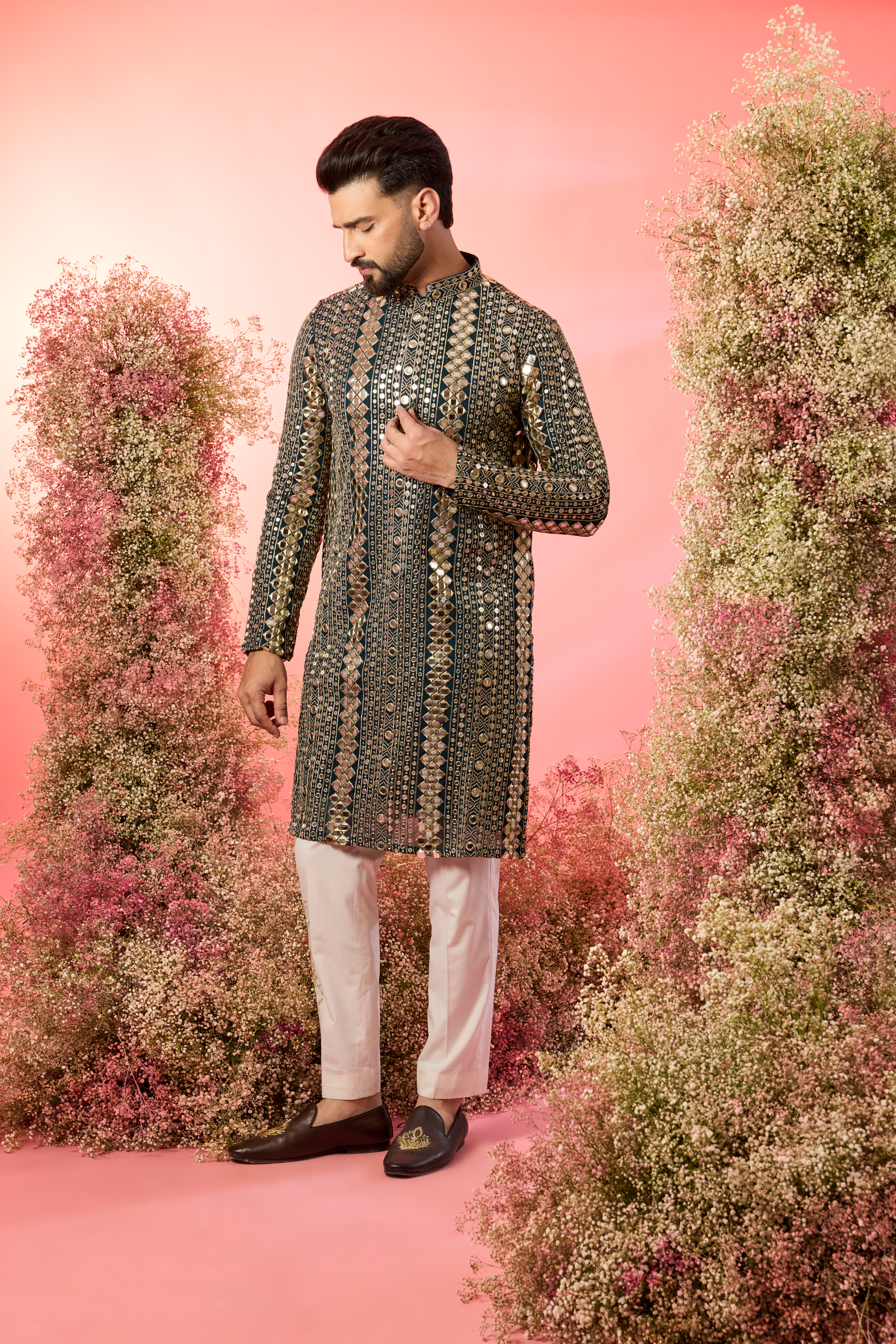 signature bottle green mirror work kurta with heavy zari work