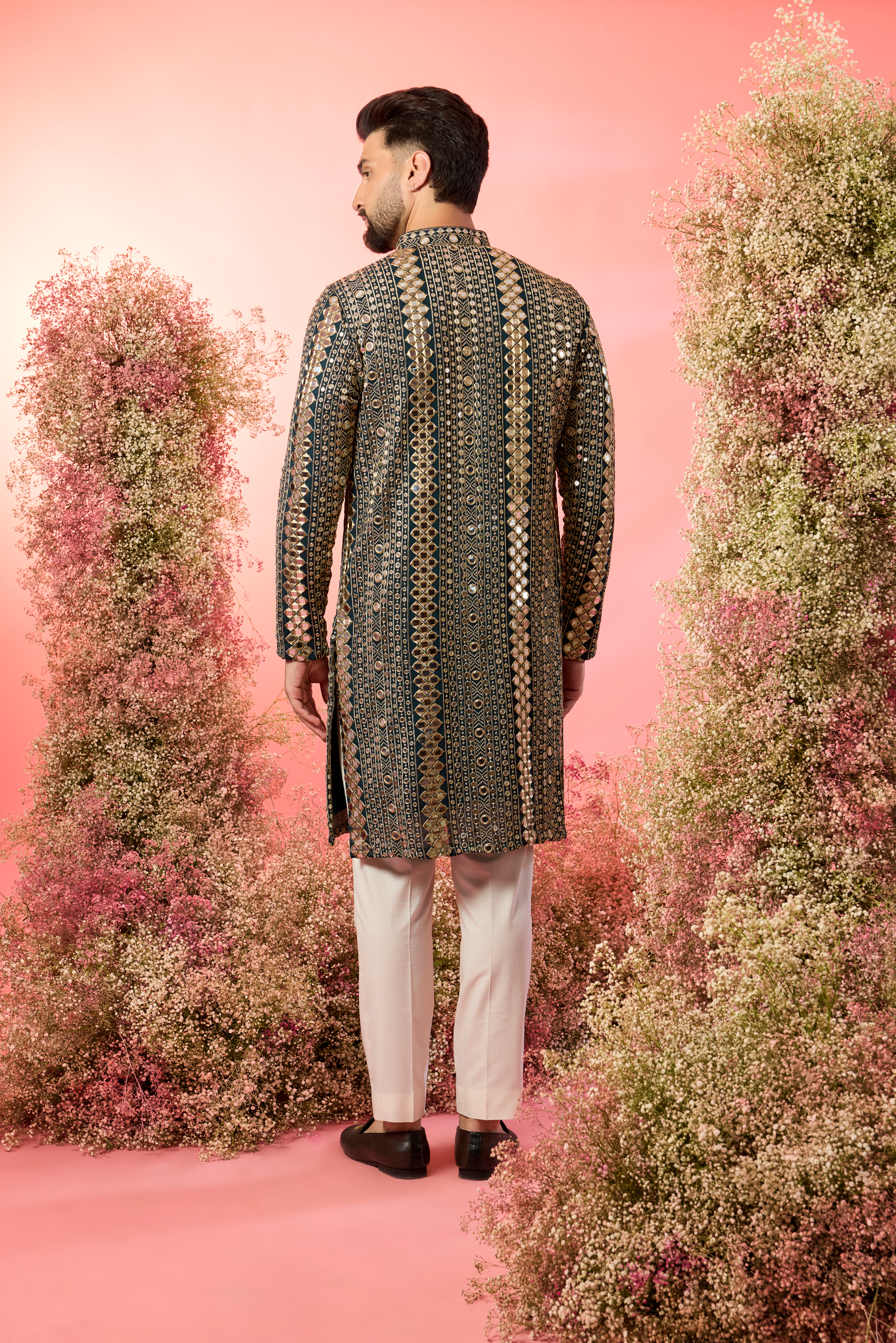 signature bottle green mirror work kurta with heavy zari work
