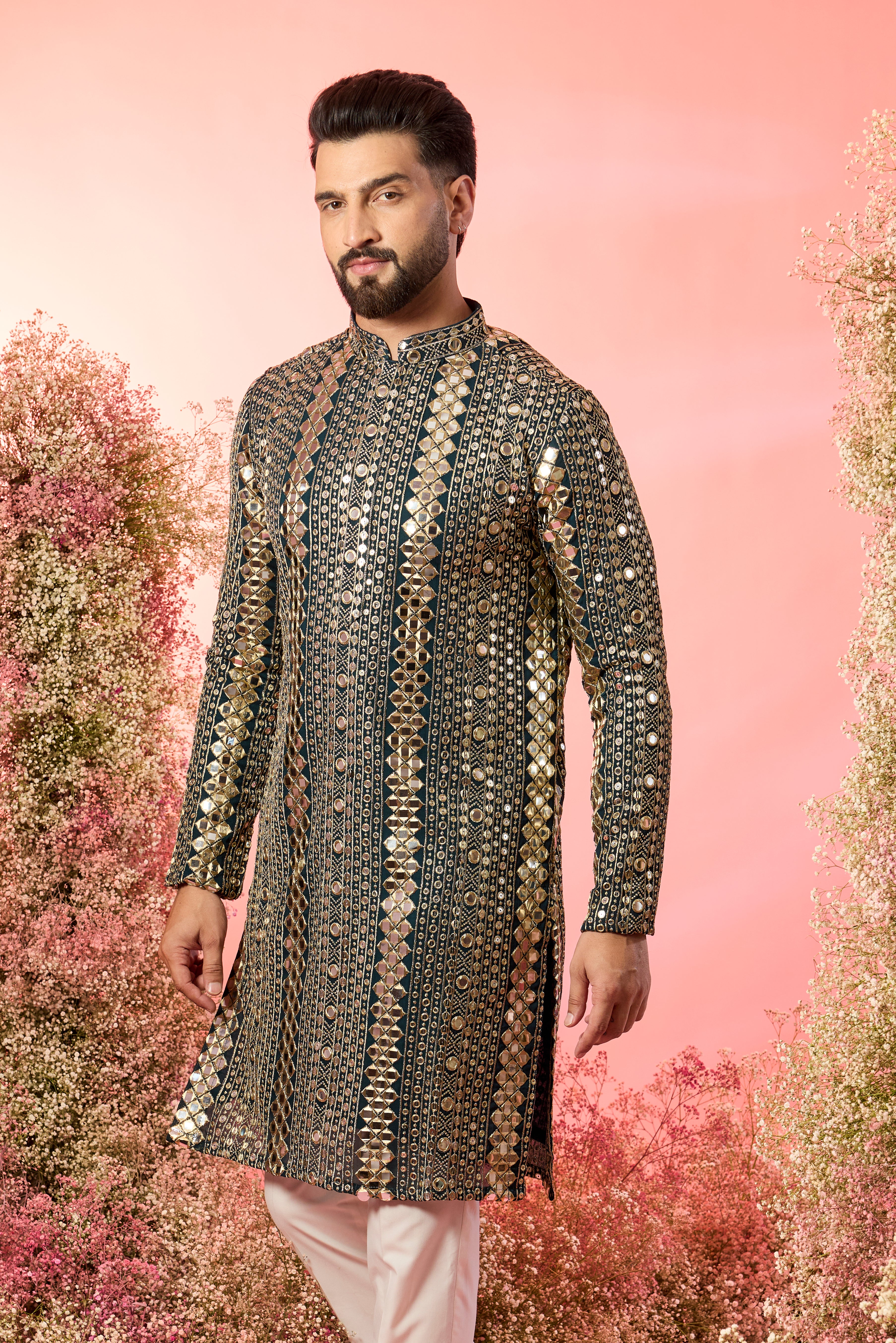 signature bottle green mirror work kurta with heavy zari work