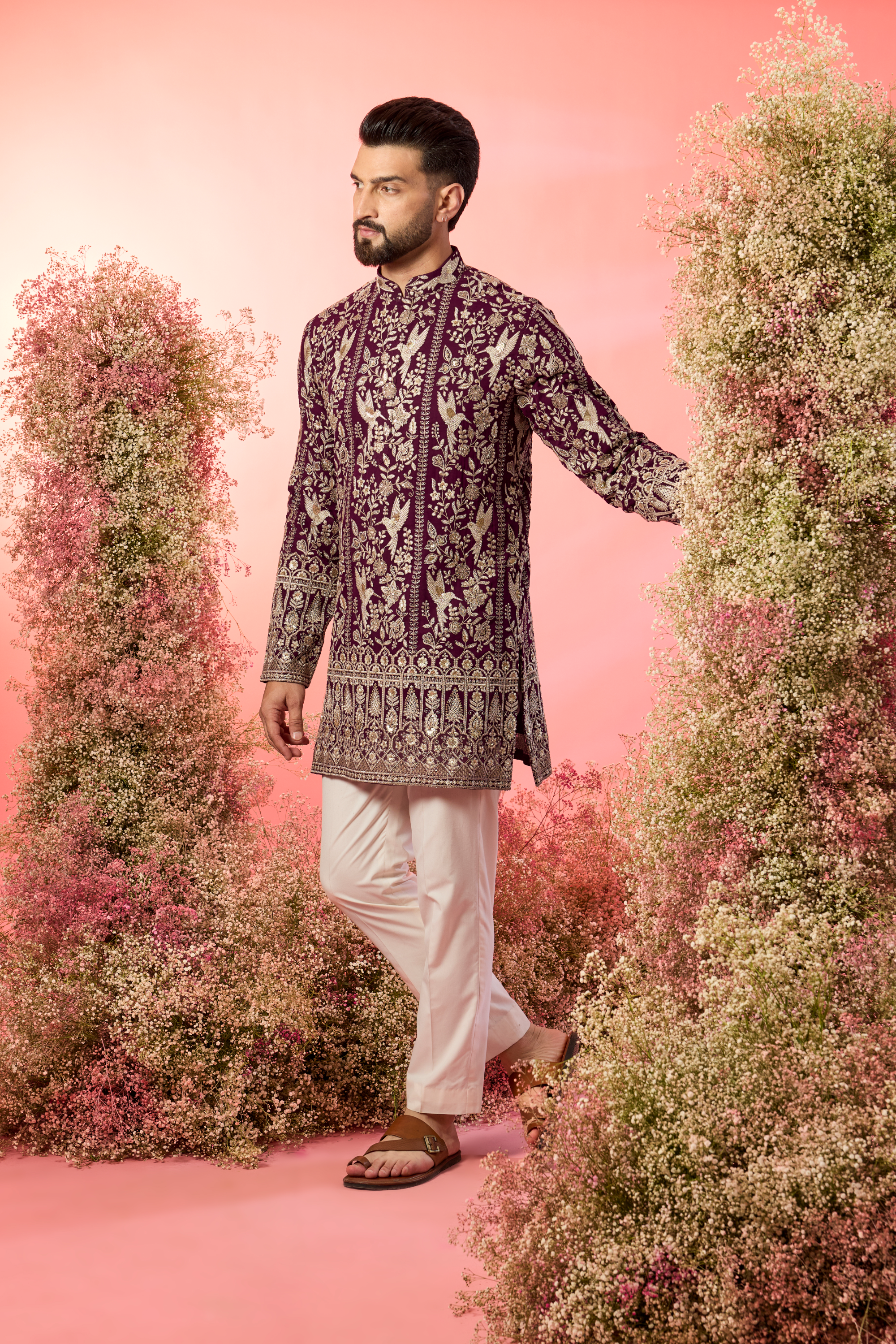 wine short chikankari kurta with intricate flora and fauna figures