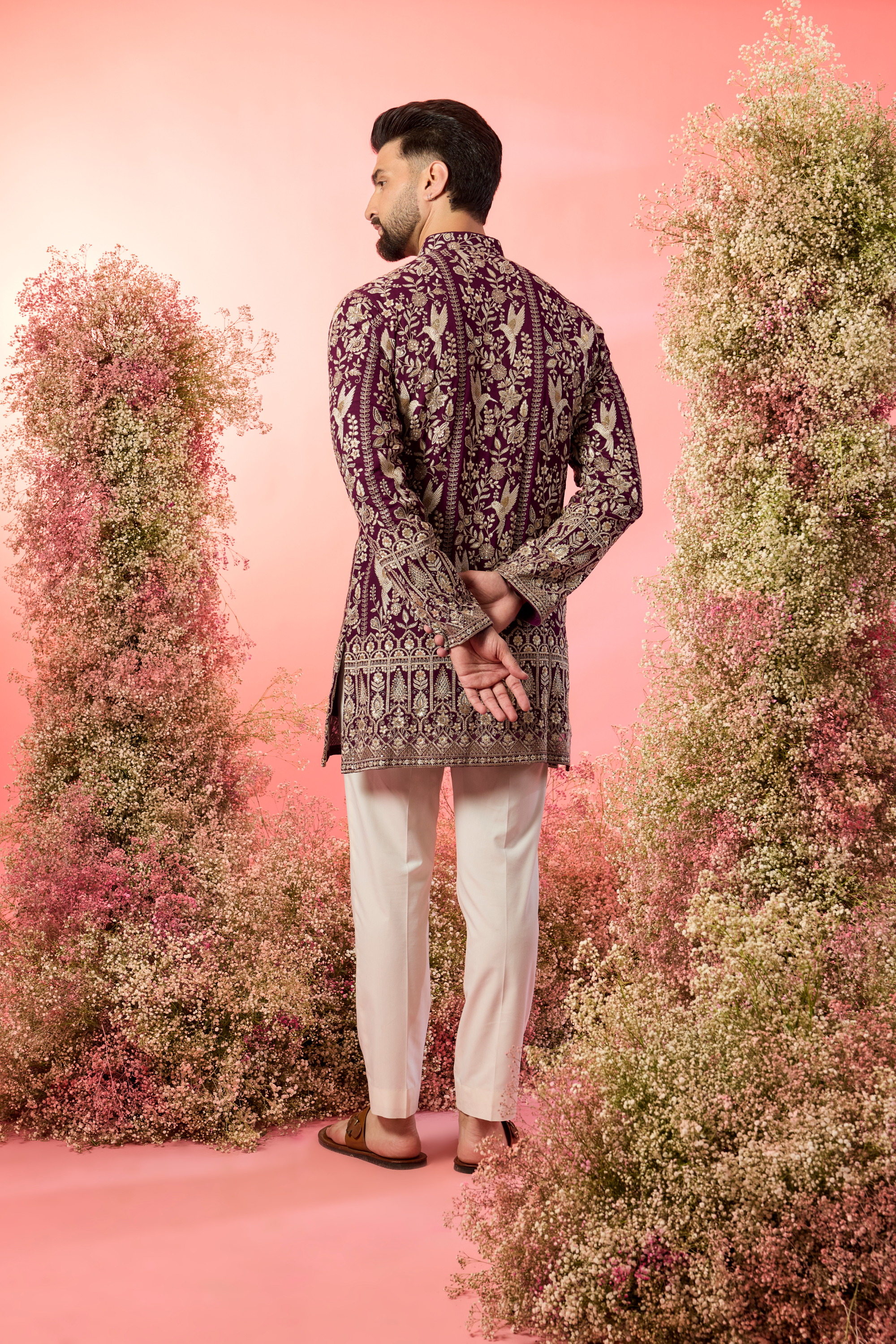 wine short chikankari kurta with intricate flora and fauna figures