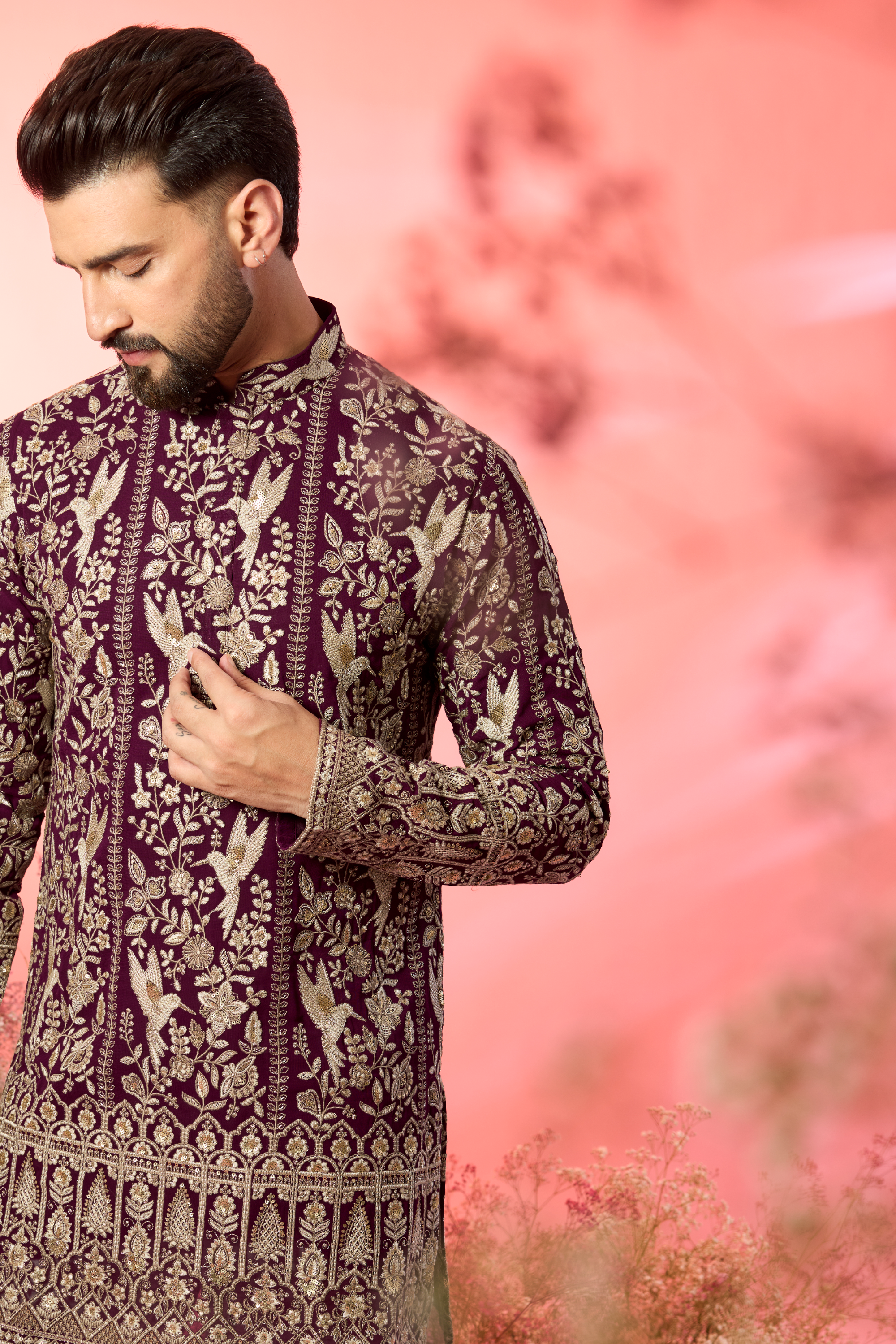 wine short chikankari kurta with intricate flora and fauna figures