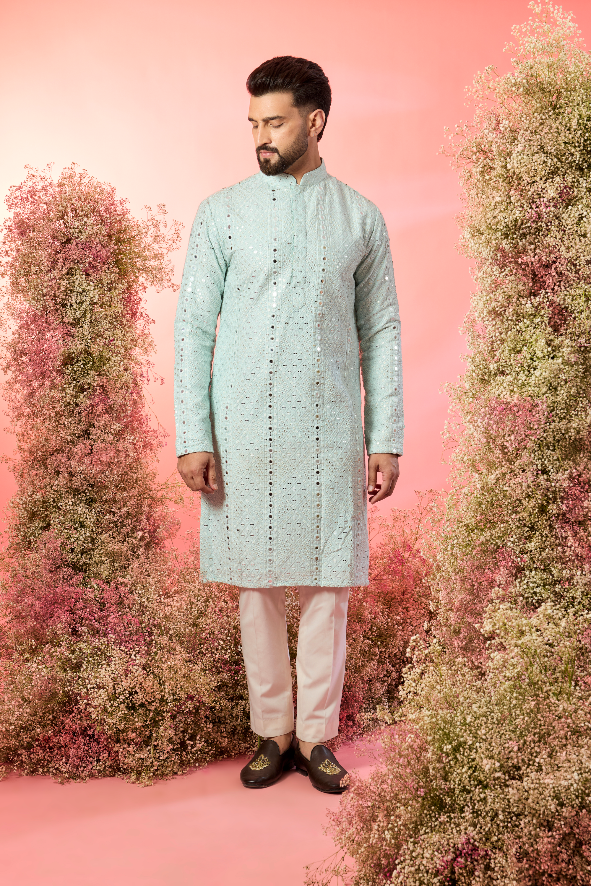 signature aqua blue mirror work kurta