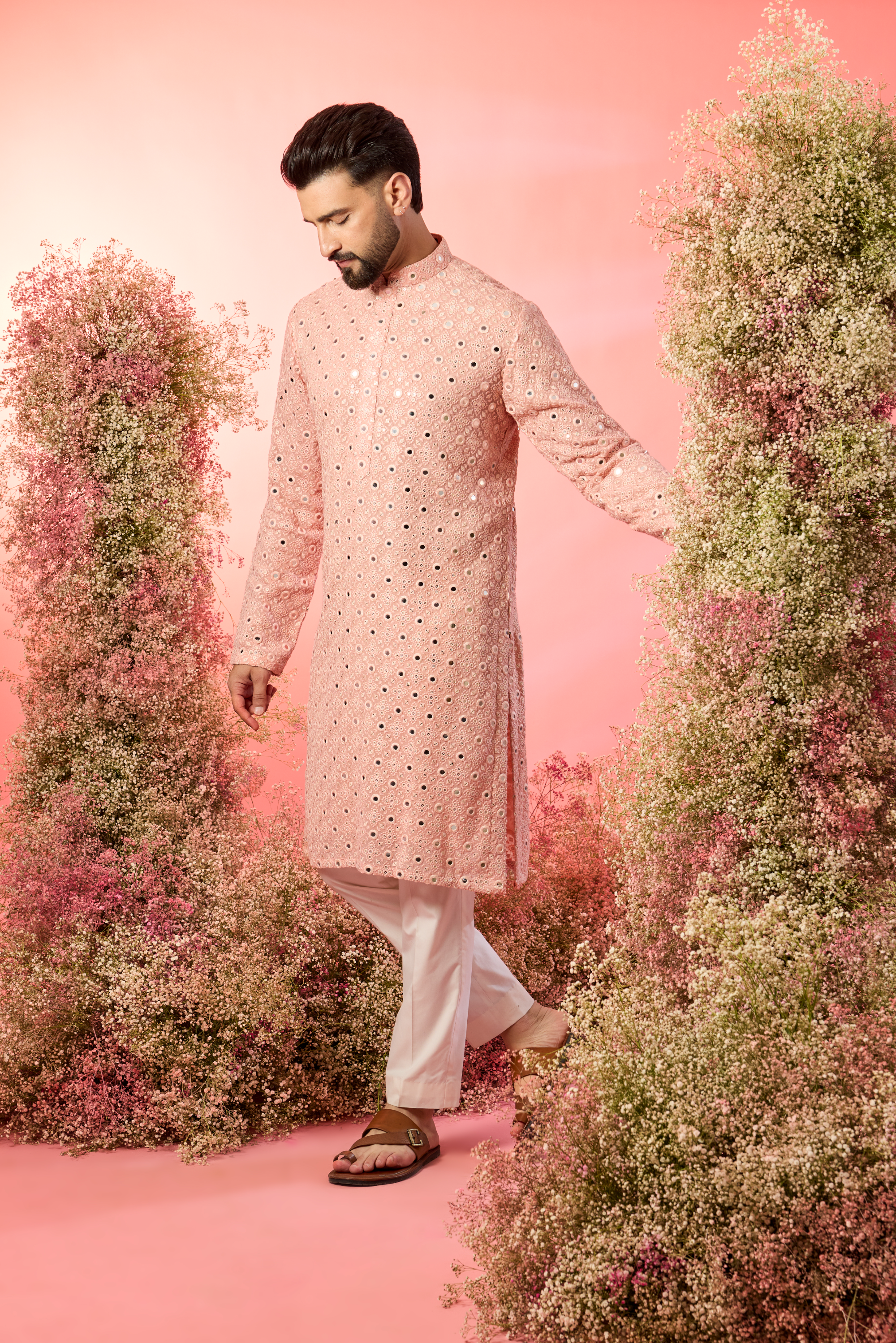classic peach mirror work kurta