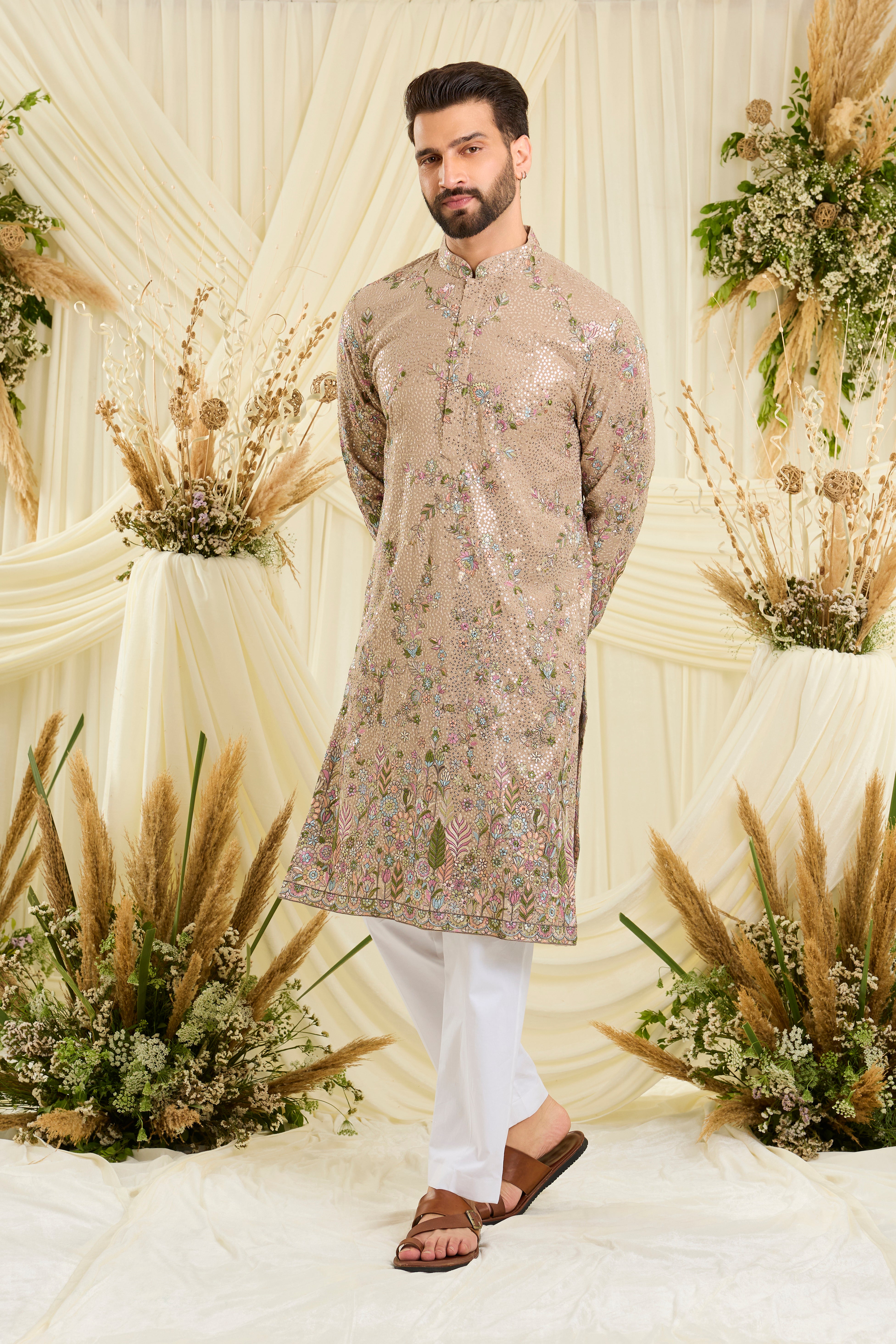 Mouse sequined kurta with intricate floral embroidery, multicolour threadwork, and detailed sequins for a fresh, elevated festive look.