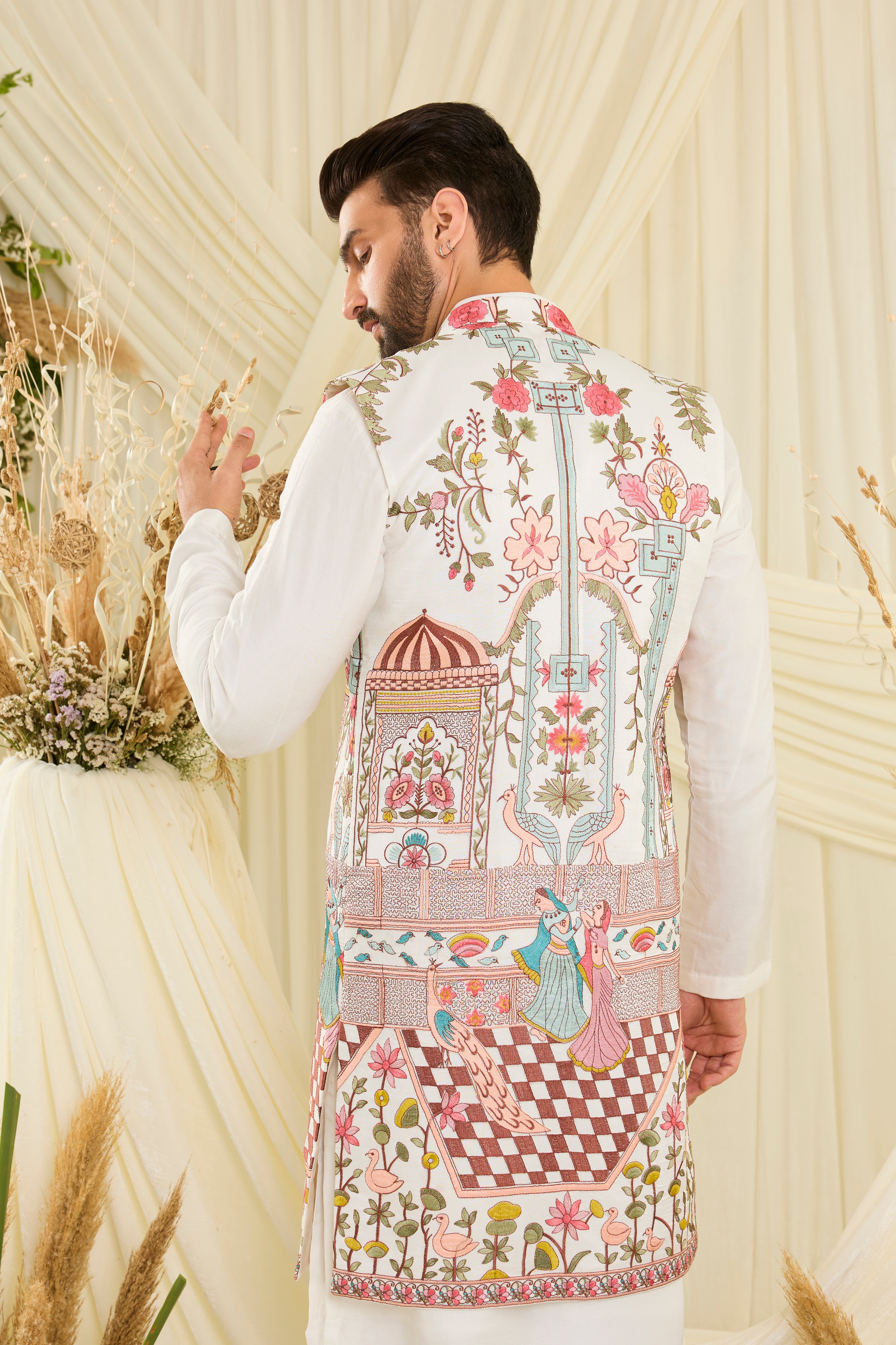Opulent silk long open jacket with Mughal darbars, peacocks, florals, and dancing royals — a masterpiece of imperial artistry.