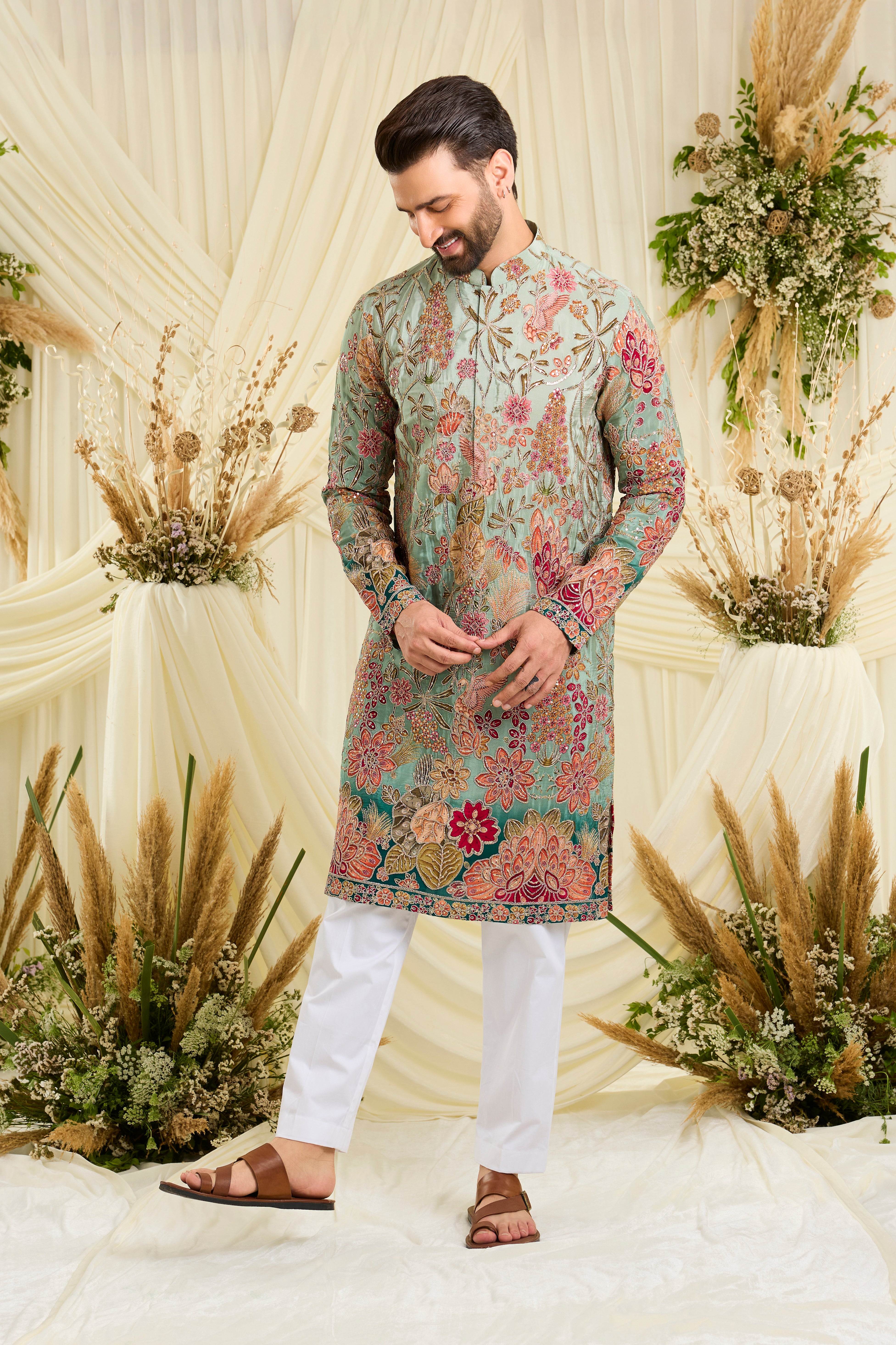 Pastel blue/aqua kurta with intricate floral embroidery, rich zari detailing, and delicate sequins for a refined, luminous festive statement.