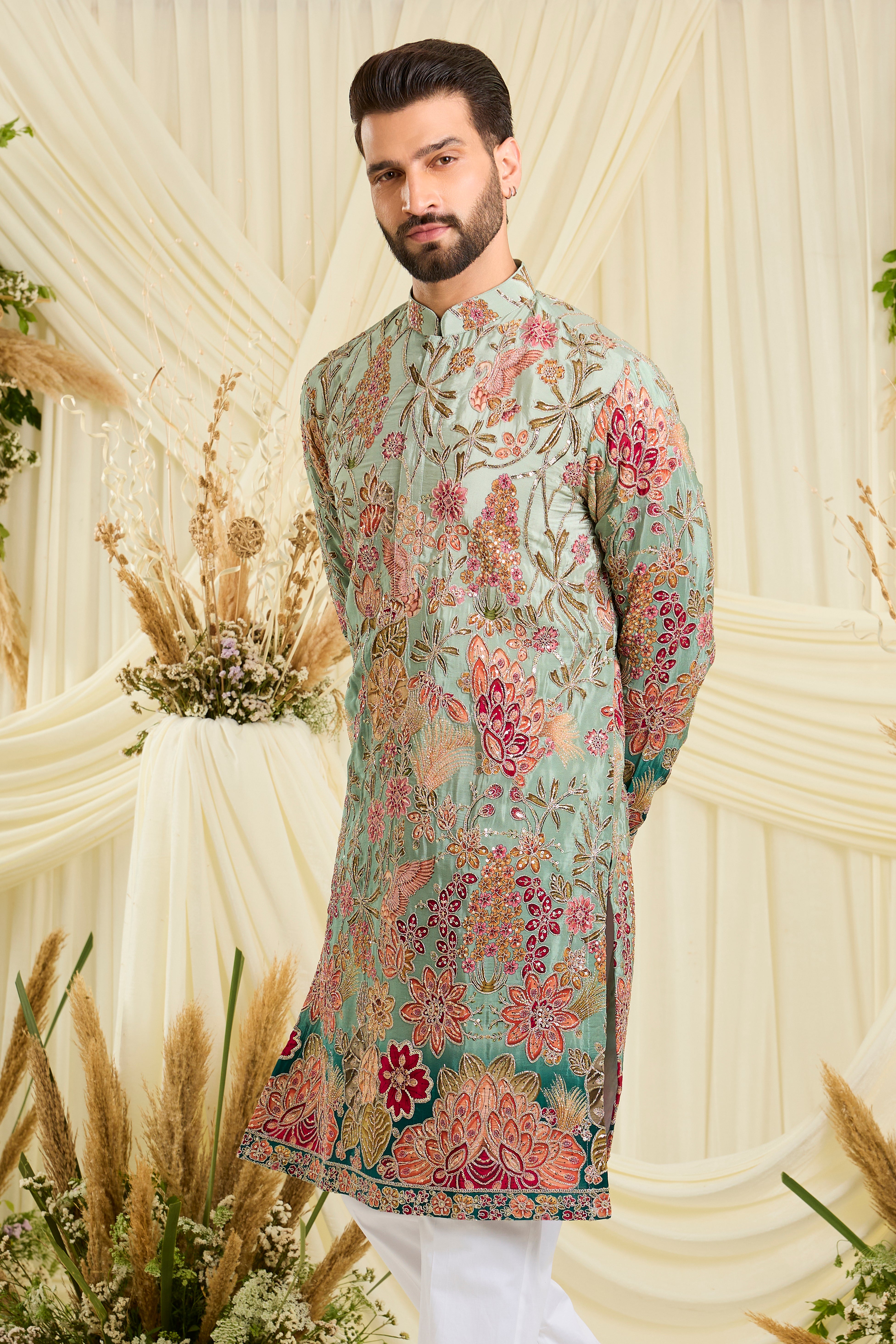 Pastel blue/aqua kurta with intricate floral embroidery, rich zari detailing, and delicate sequins for a refined, luminous festive statement.