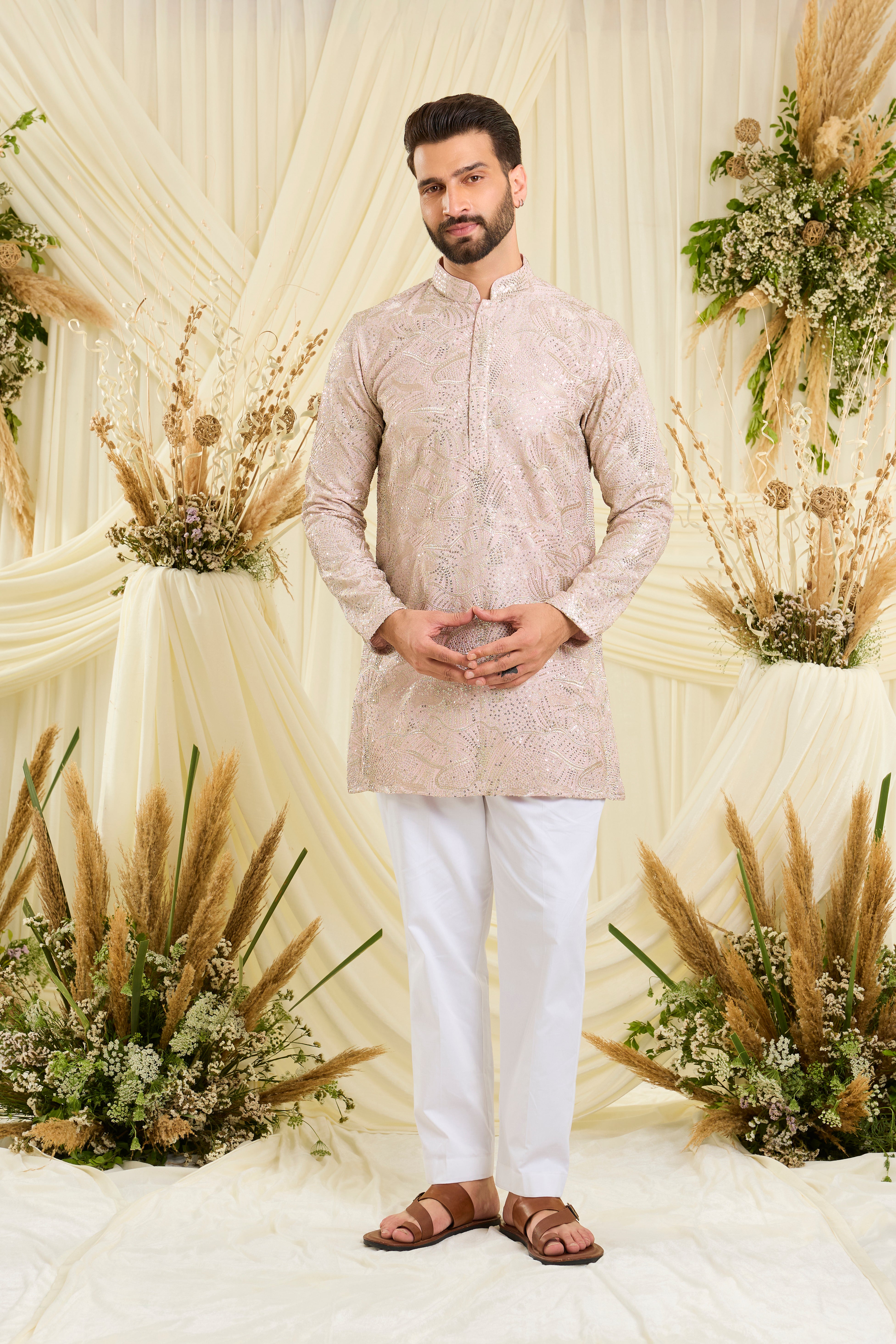 Powder pink sequined kurta with an abstract design — fresh, luminous, and perfect for elevated day occasions.
