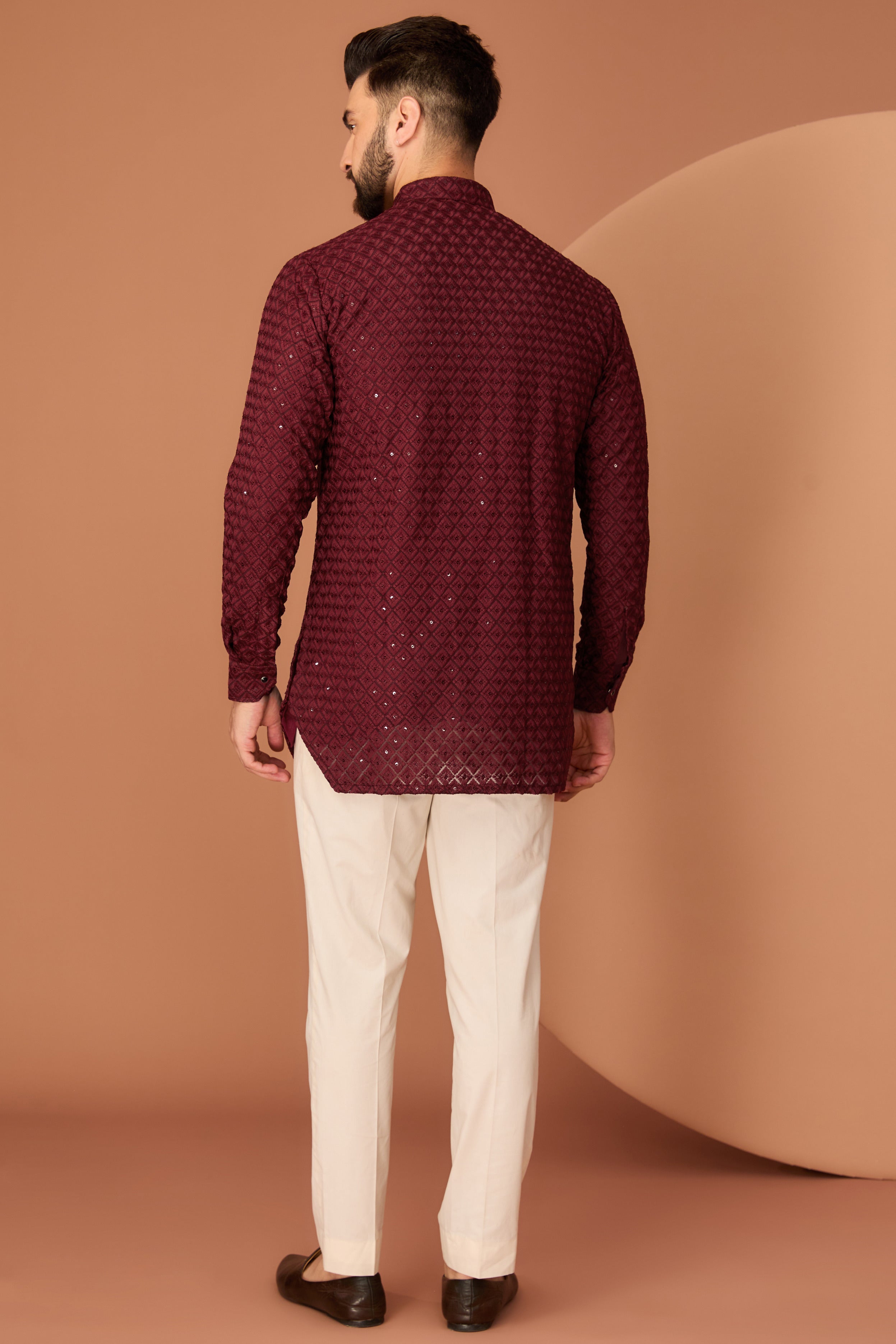 maroon short chikankari kurta with royal cut - kasbahmen