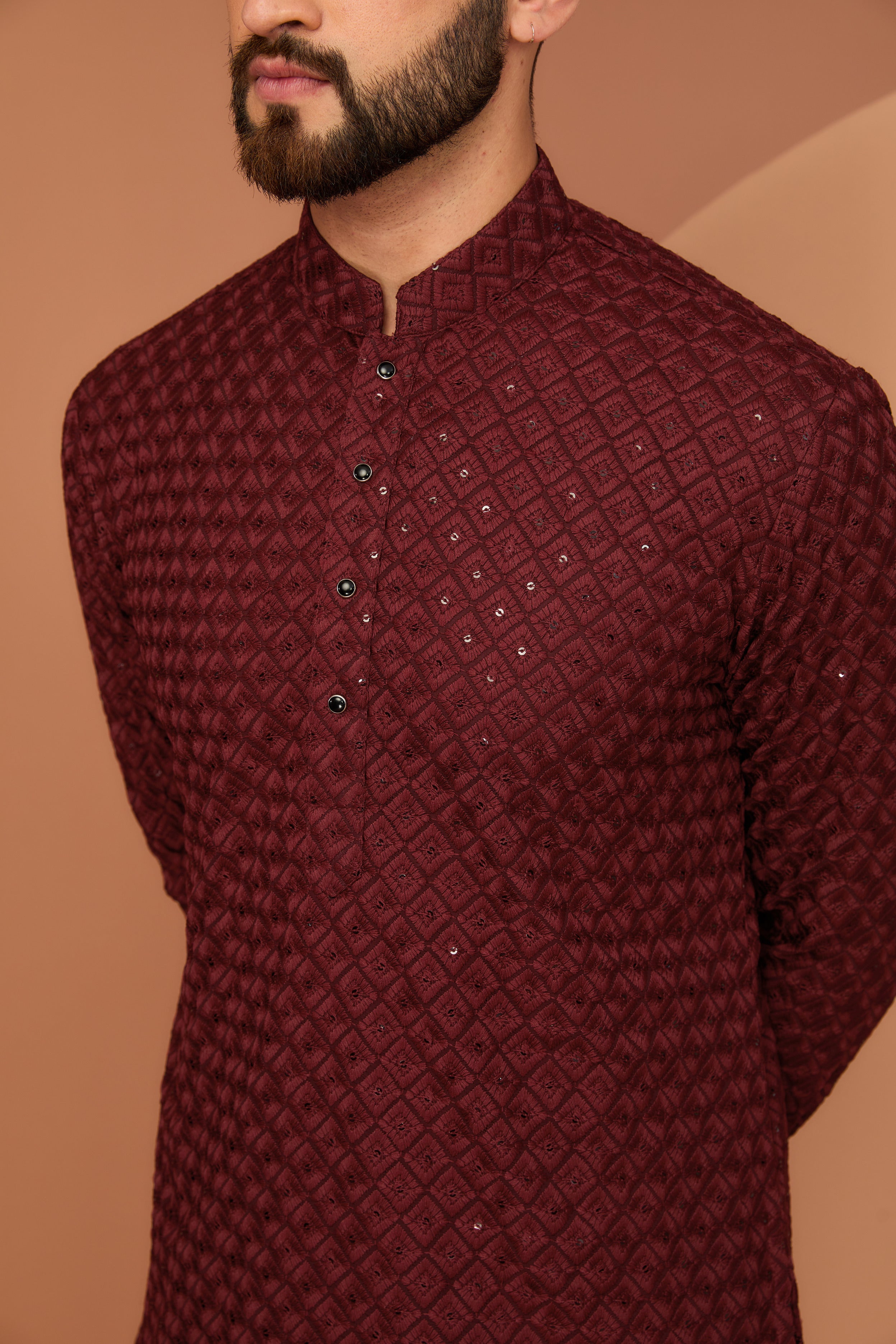 maroon short chikankari kurta with royal cut - kasbahmen
