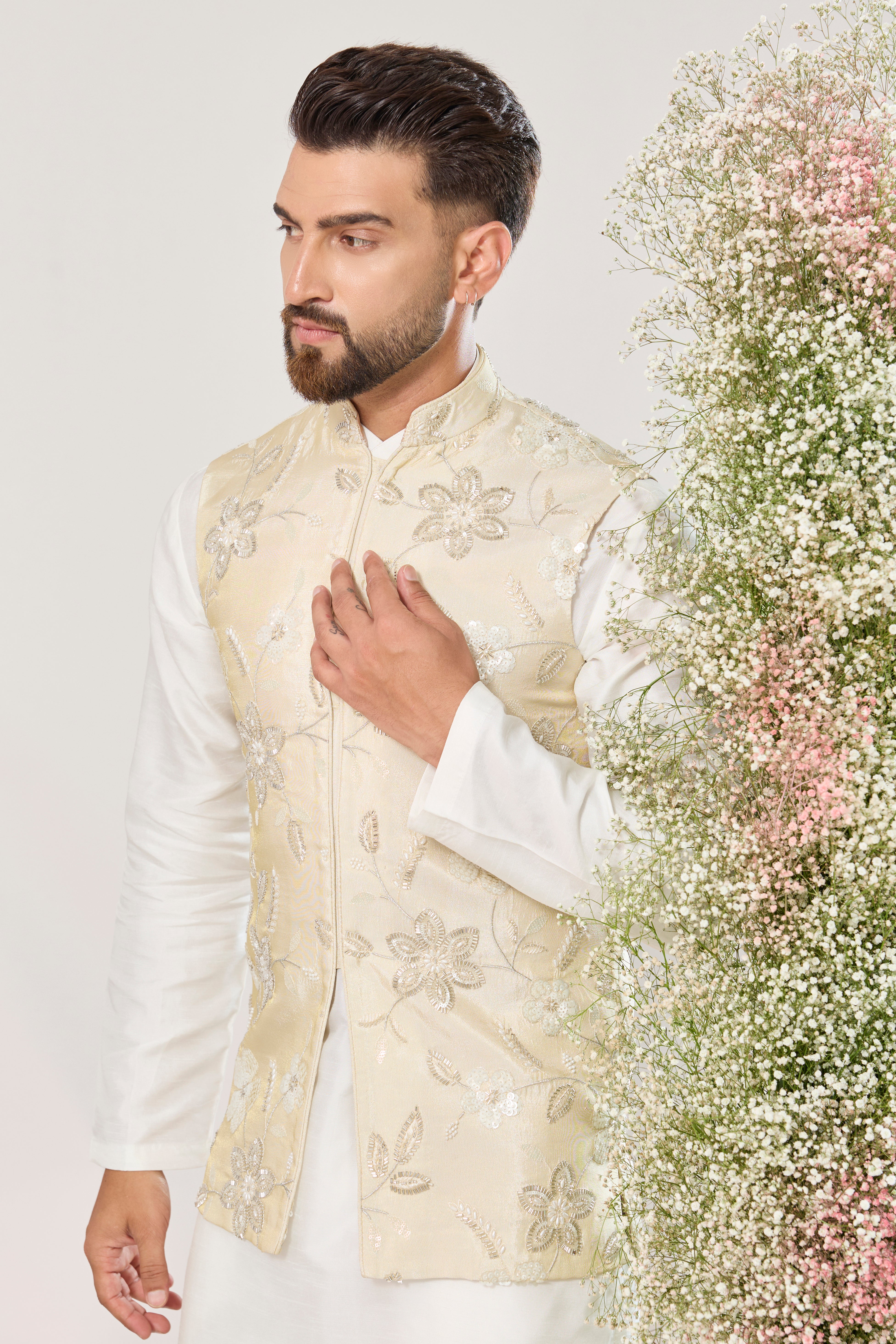 golden short jacket with deatiled cut dana work