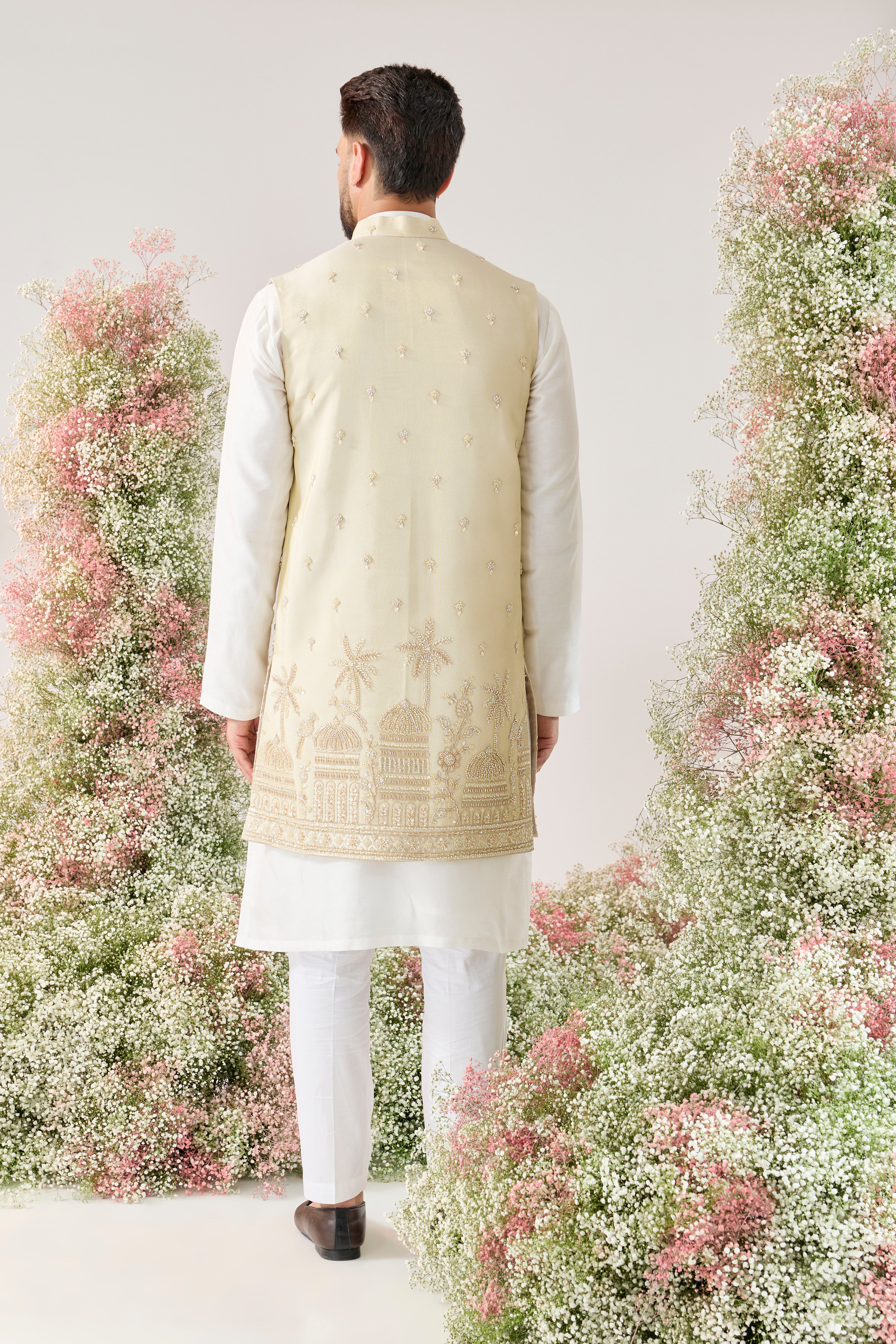 golden long open jacket with detailed cut dana embroidery