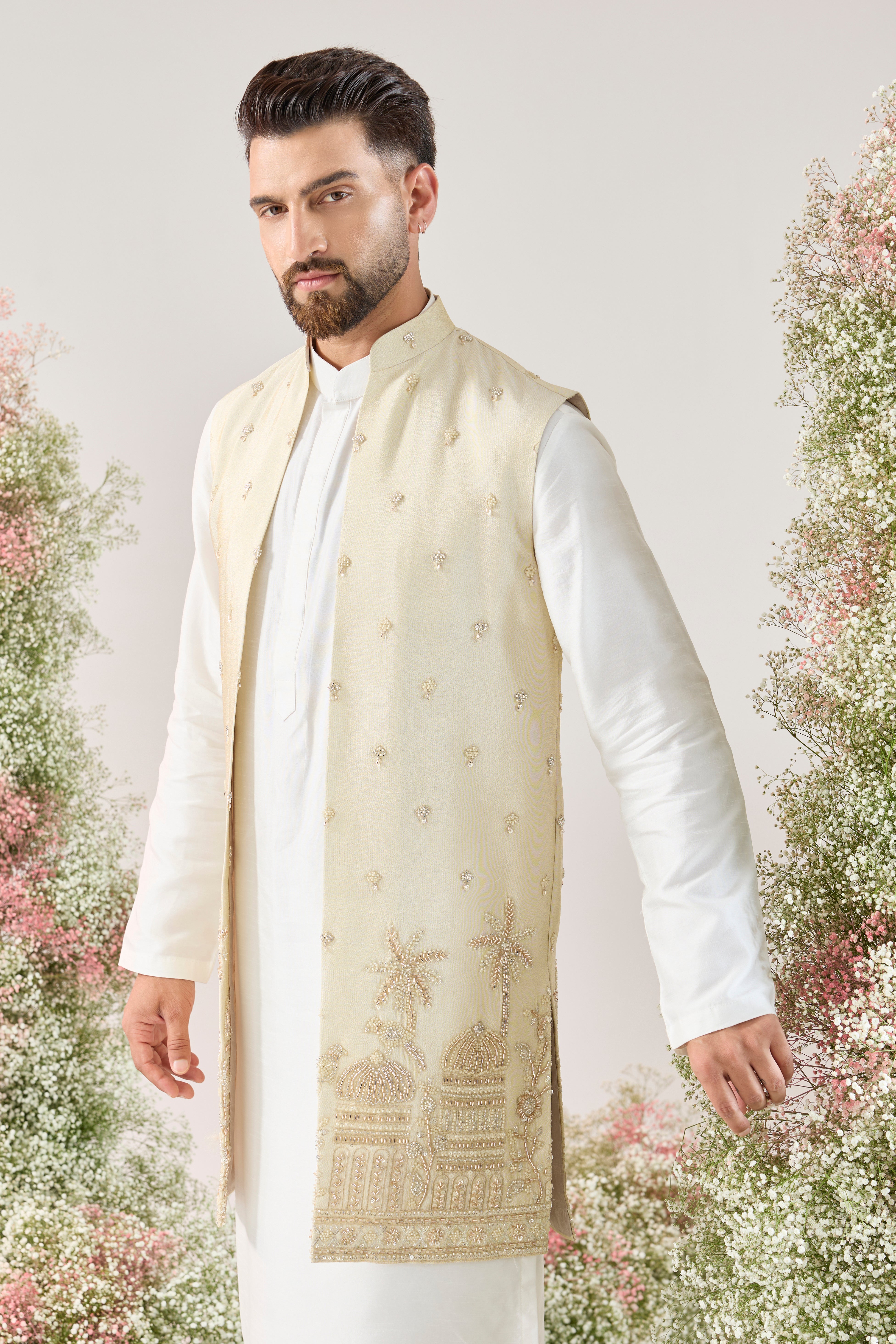 golden long open jacket with detailed cut dana embroidery