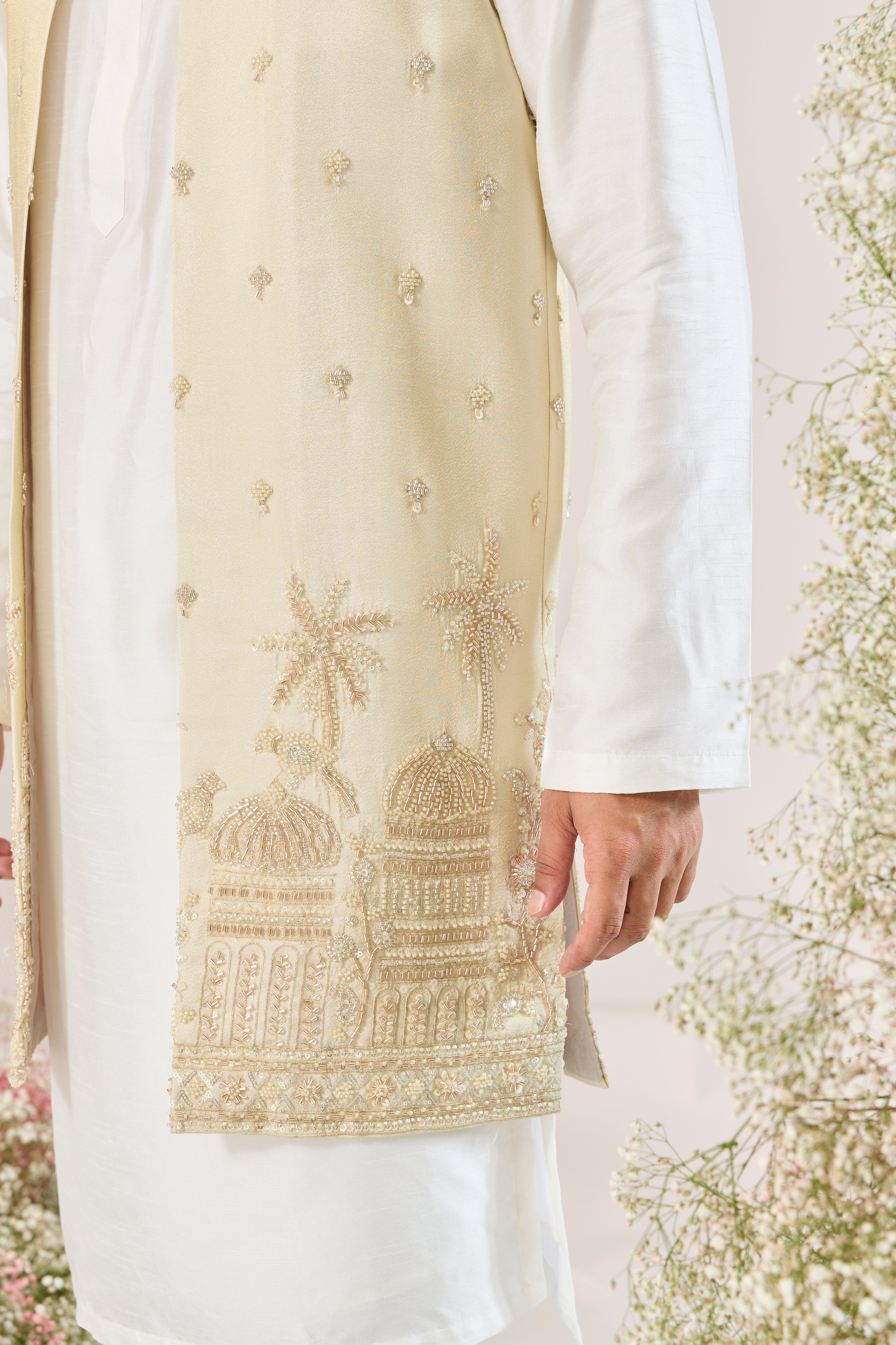golden long open jacket with detailed cut dana embroidery