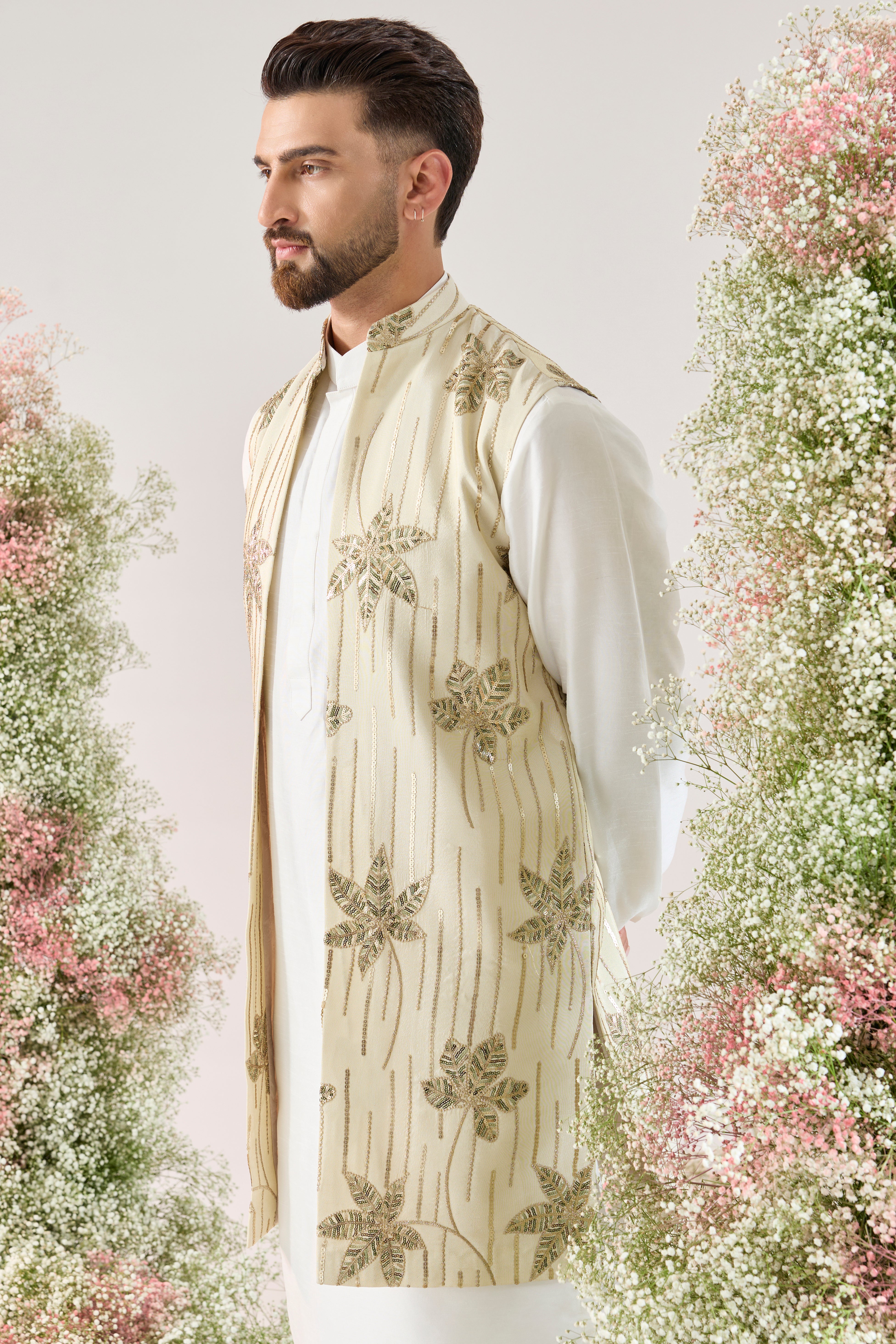 golden long open jacket with floral embroidery