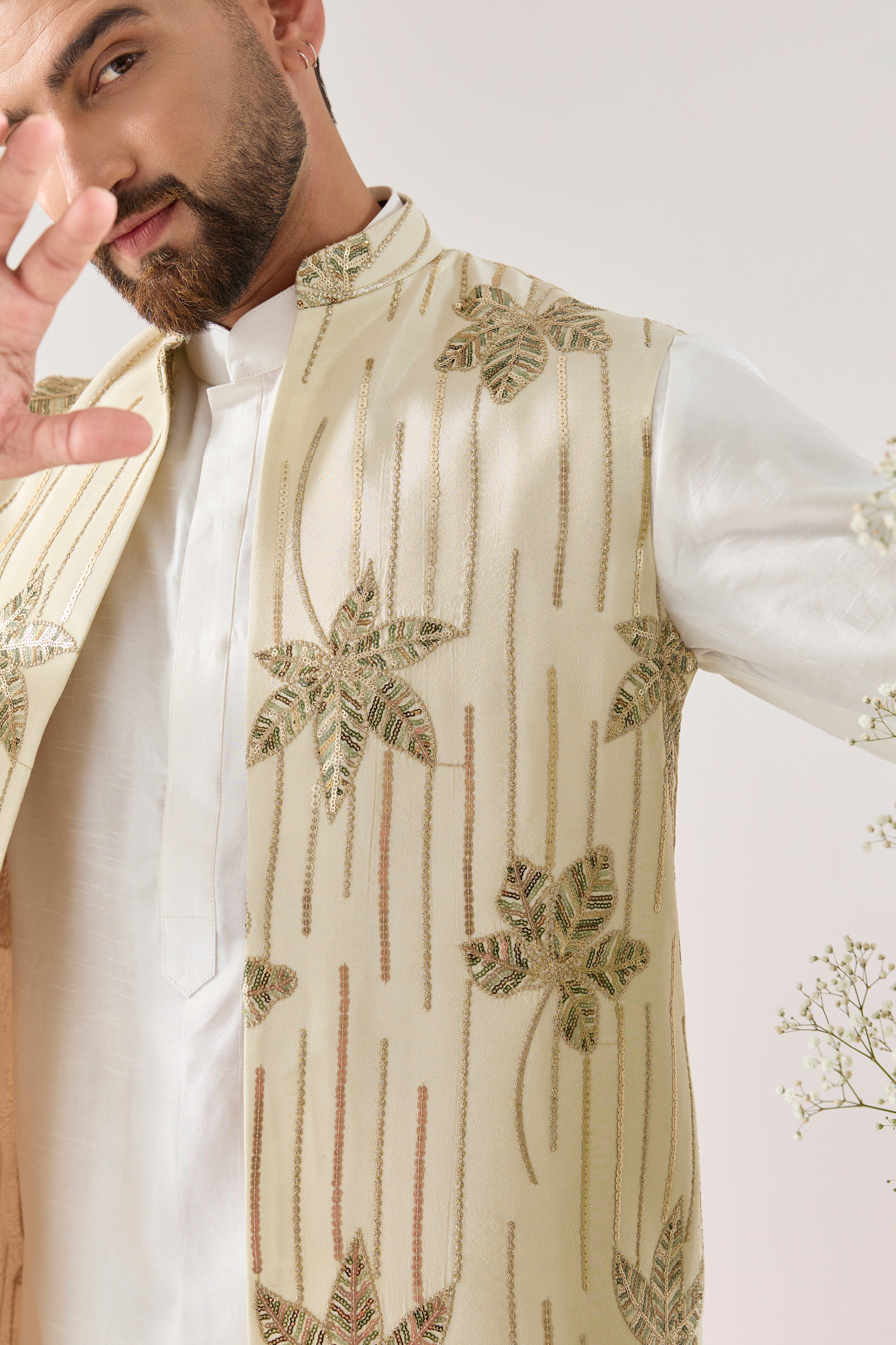 golden long open jacket with floral embroidery