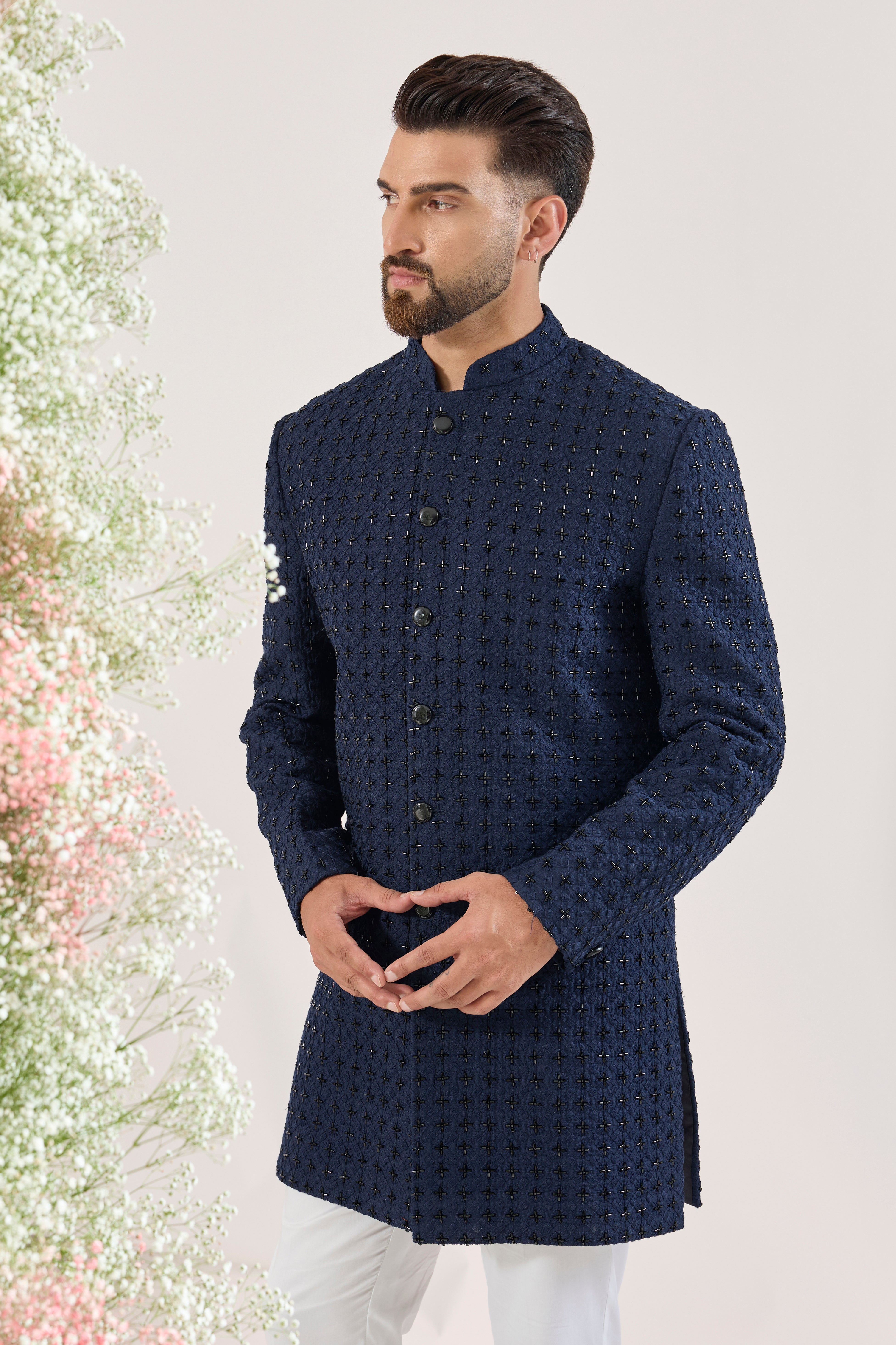 classic navy blue short indowestern with detailed cut dana