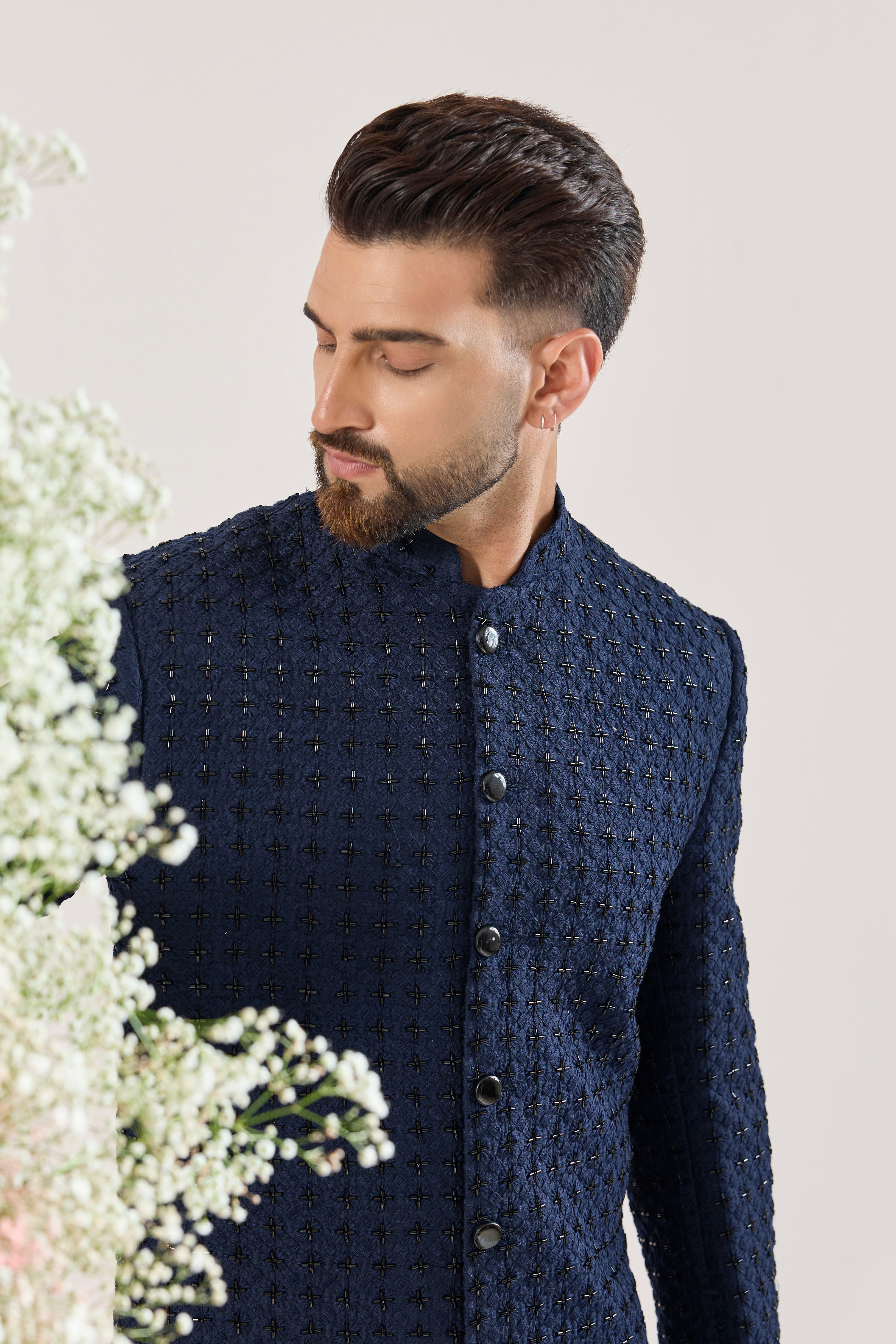 classic navy blue short indowestern with detailed cut dana