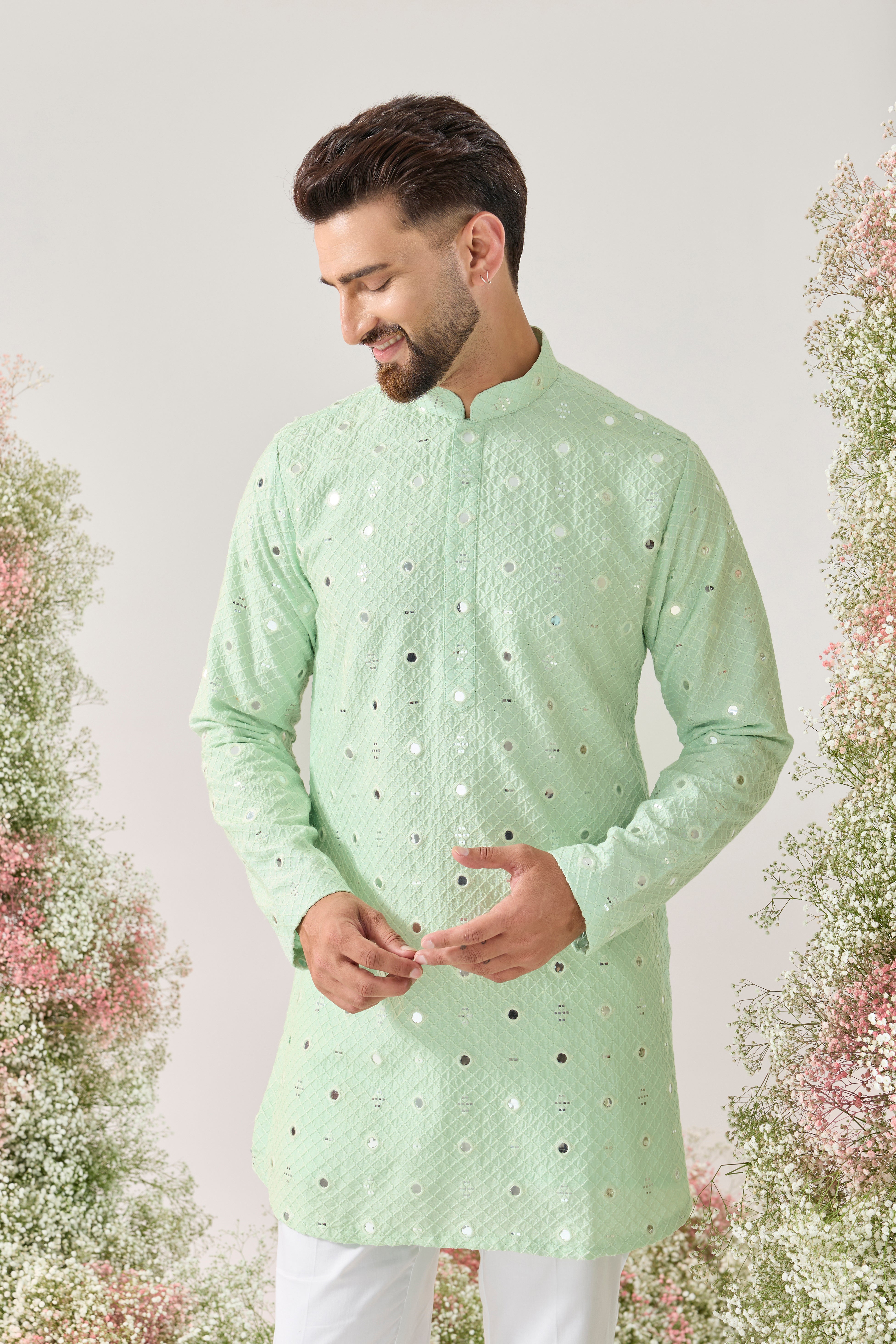 pastel green short mirror work kurta