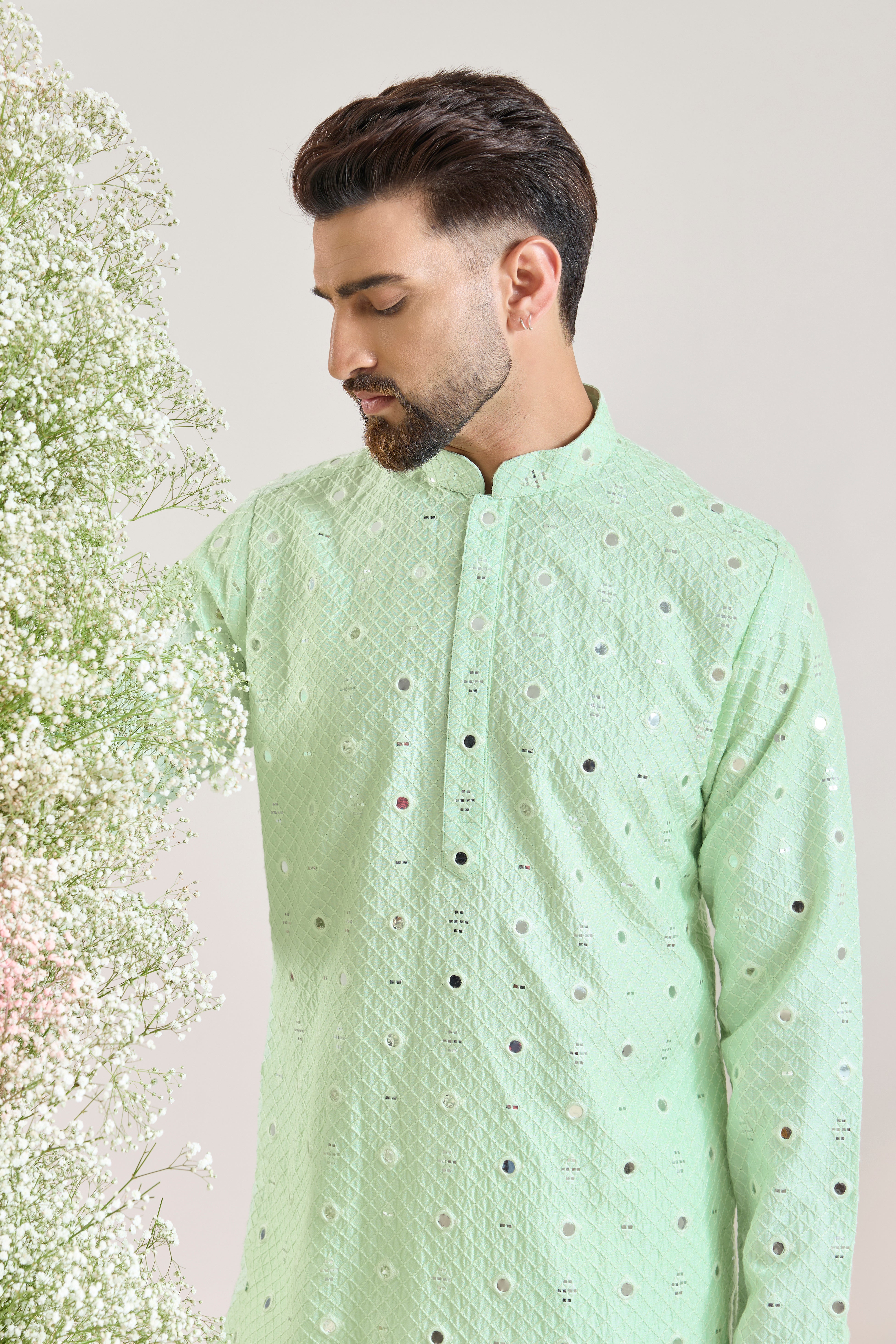 pastel green short mirror work kurta
