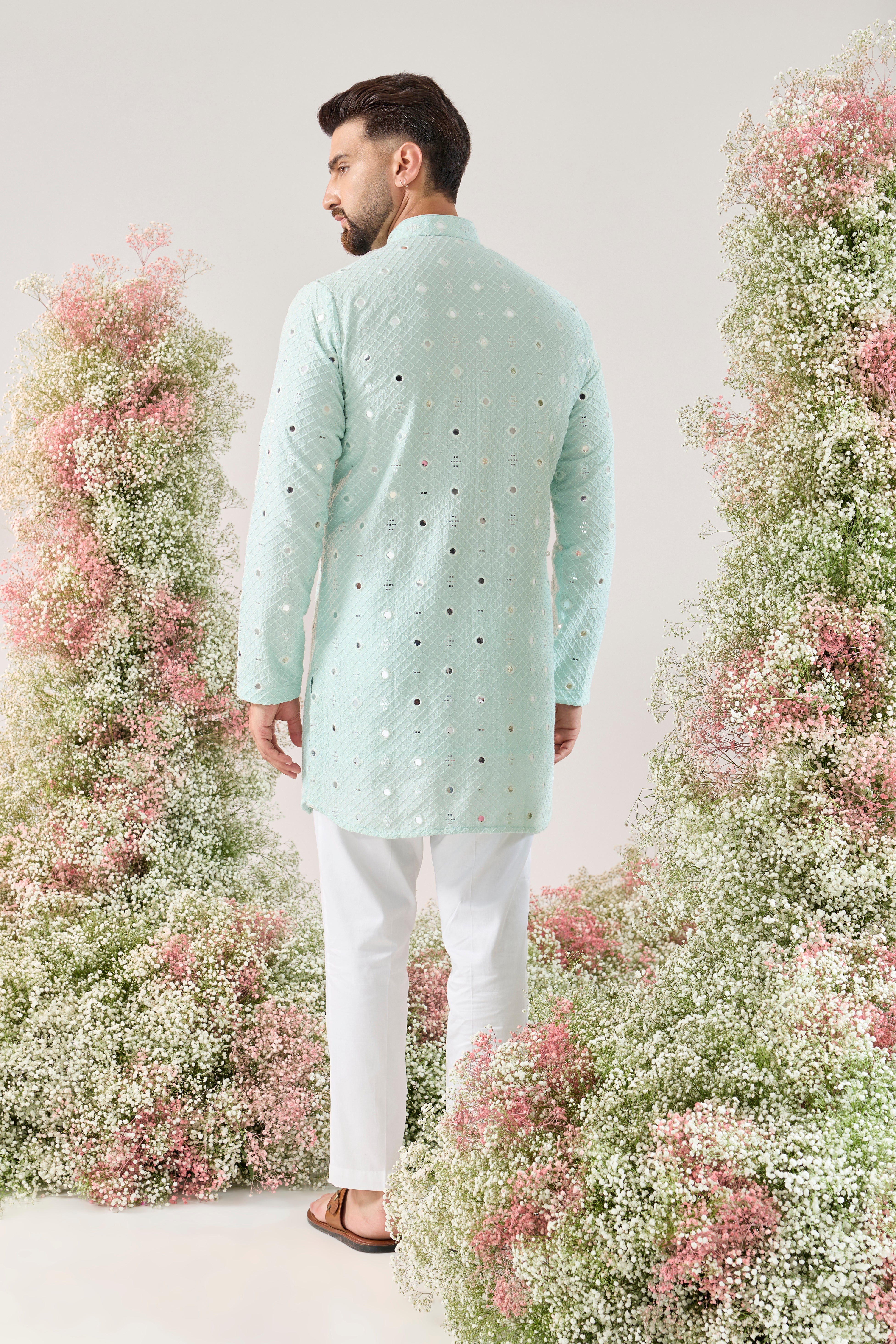 blue short mirror work kurta