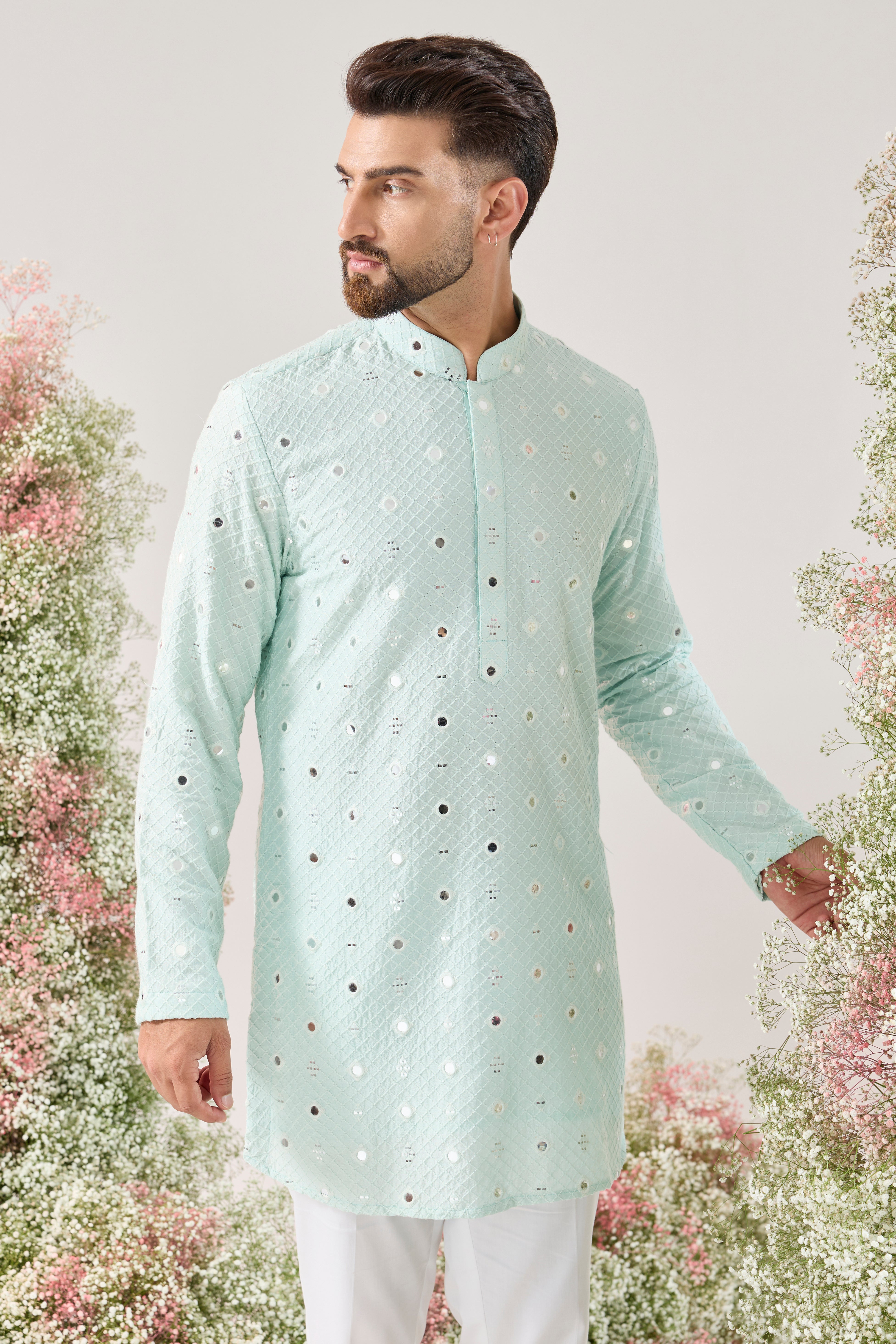 blue short mirror work kurta