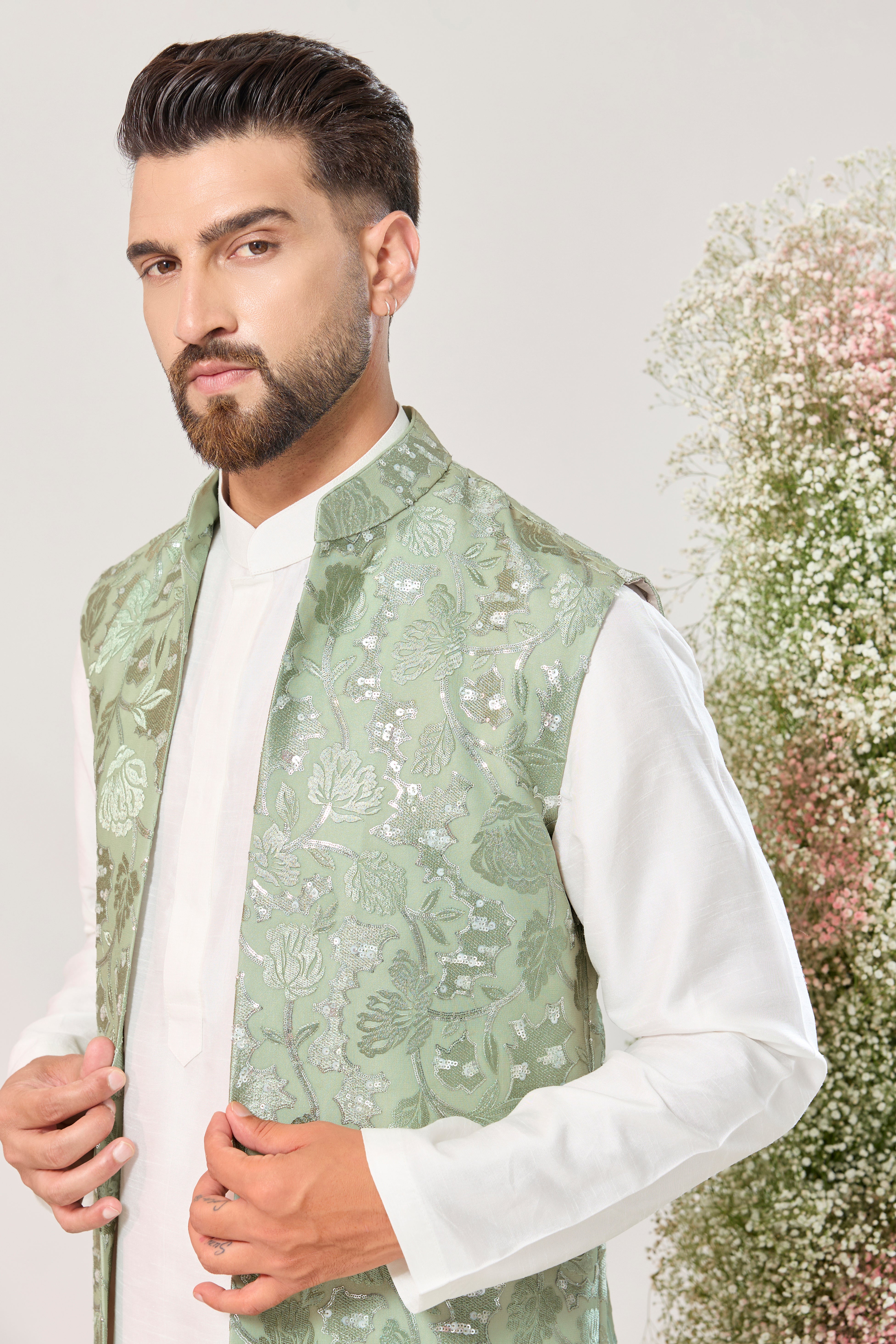 sage green long open jacket with floral embossing