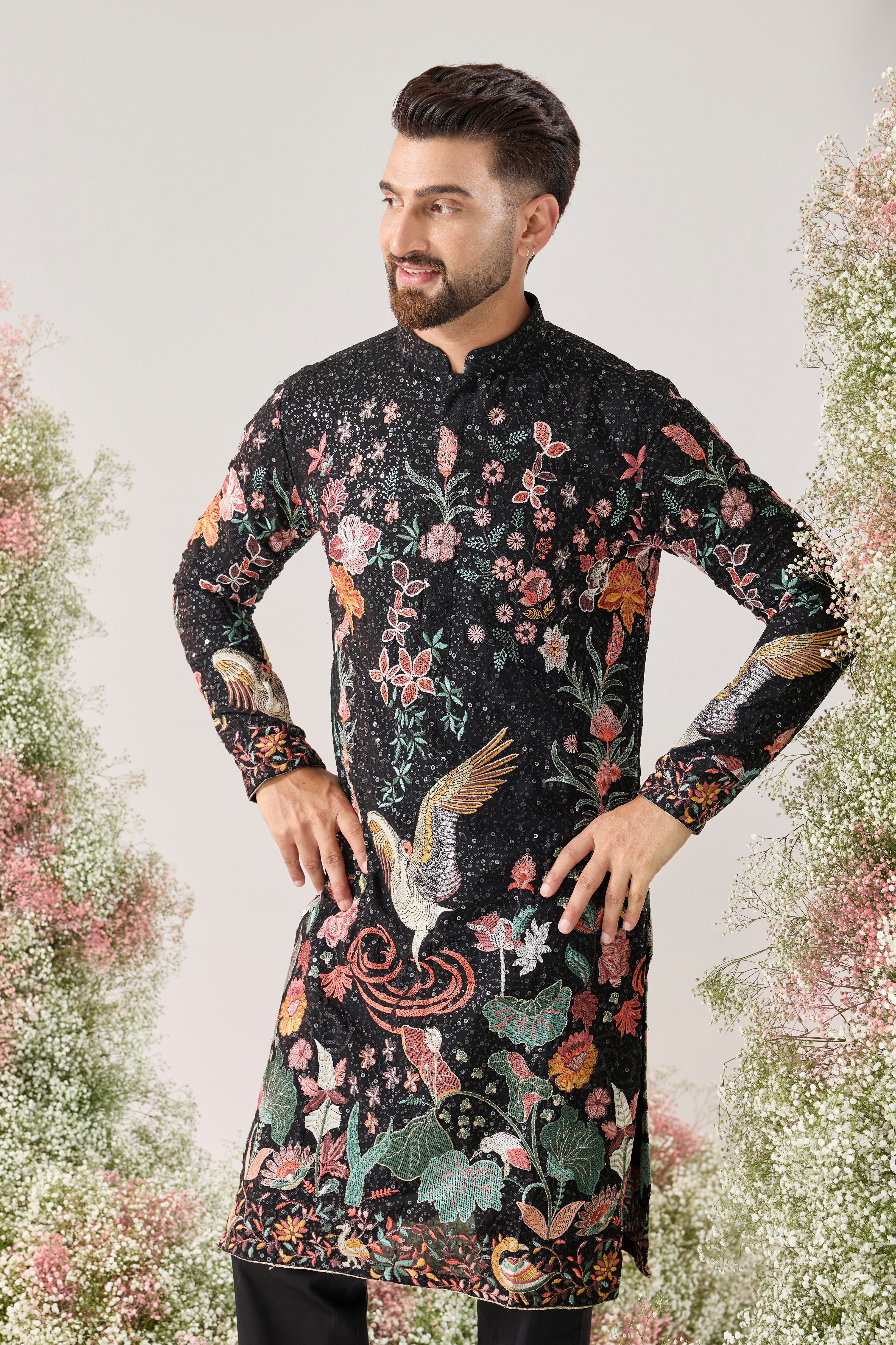 black sequined kurta with flora and fauna embroidery